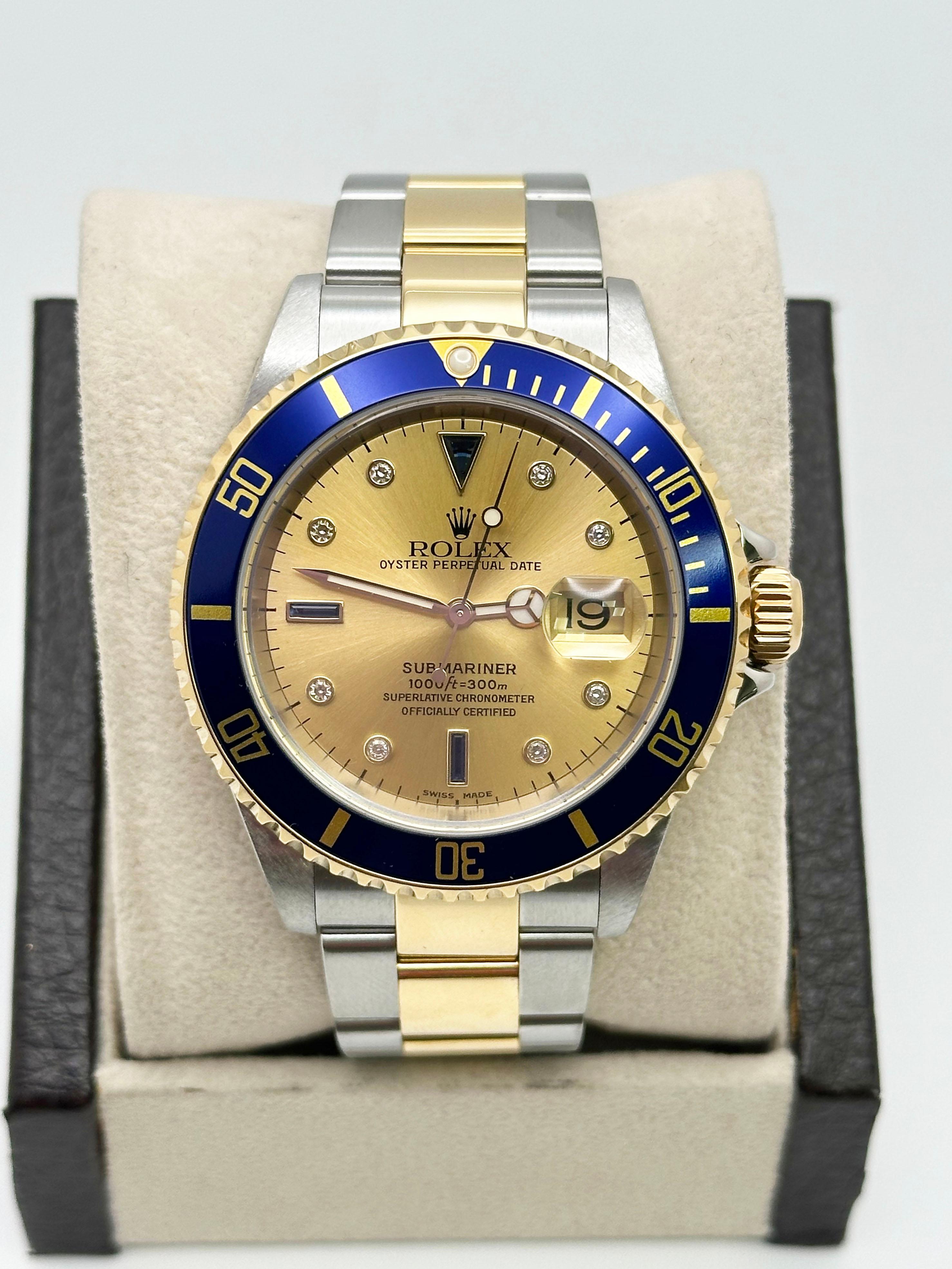 Men's Rolex 16613 Submariner Serti Dial 18K Yellow Gold Stainless Steel Box Paper 2004