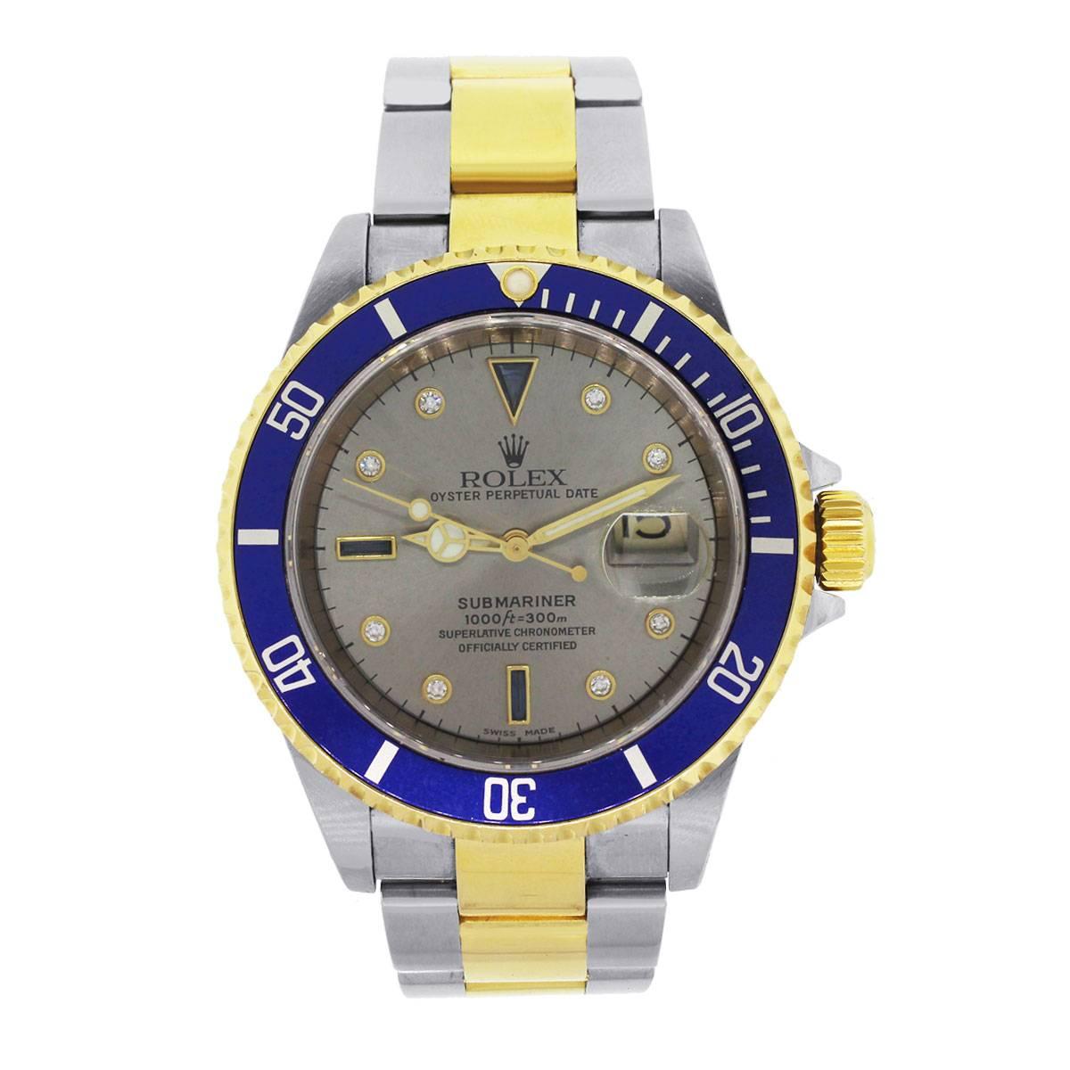 Brand: Rolex
MPN: 16613
Model: Submariner
Case Material: Two tone
Case Diameter: 40mm
Crystal :Sapphire Crystal
Bezel: Blue and yellow gold unidirectional rotating bezel
Dial: Silvered serti dial
Bracelet: Oyster two tone bracelet
Size: Will fit a