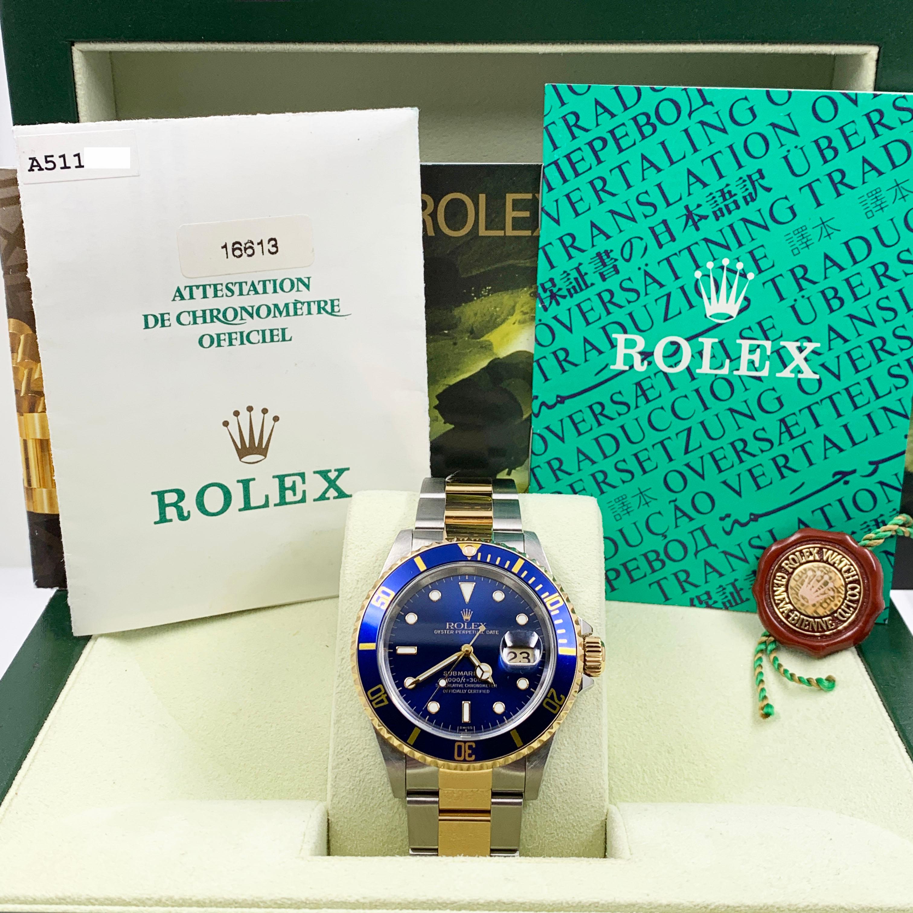 Men's Rolex 16613 Submariner Two-Tone Blue Bezel Dial Stainless Steel Box Papers
