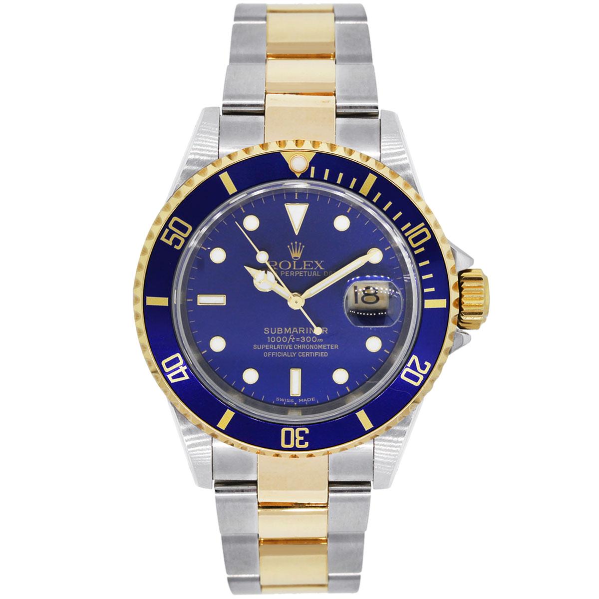 Brand: Rolex
MPN: 16613
Model: Submariner
Case Material: Stainless Steel
Case Diameter: 40mm
Crystal: Scratch resistant sapphire
Bezel: 18k yellow gold blue bezel
Dial: Blue dial with luminescent hour markers and date window at the 3 o’clock