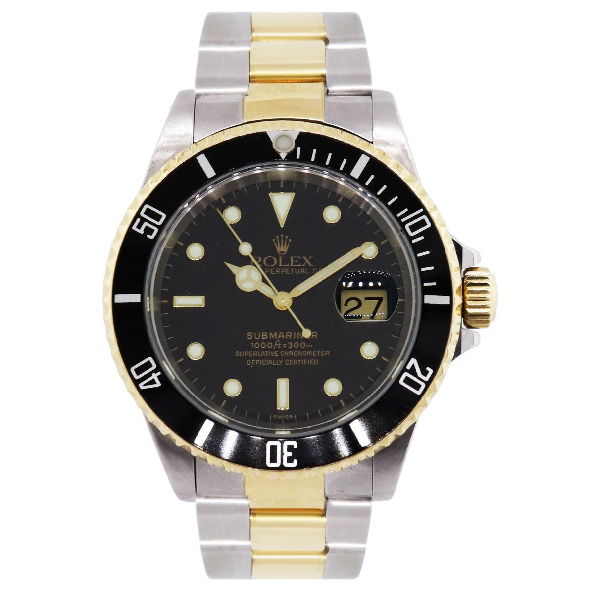 Brand: Rolex
MPN: 16613
Model: Submariner
Case Material: Stainless steel
Case Diameter: 40mm
Crystal: Scratch resistant sapphire
Bezel: black unidirectional bezel (factory)
Dial: Black dial (factory)
Bracelet: Stainless steel and 18k yellow gold