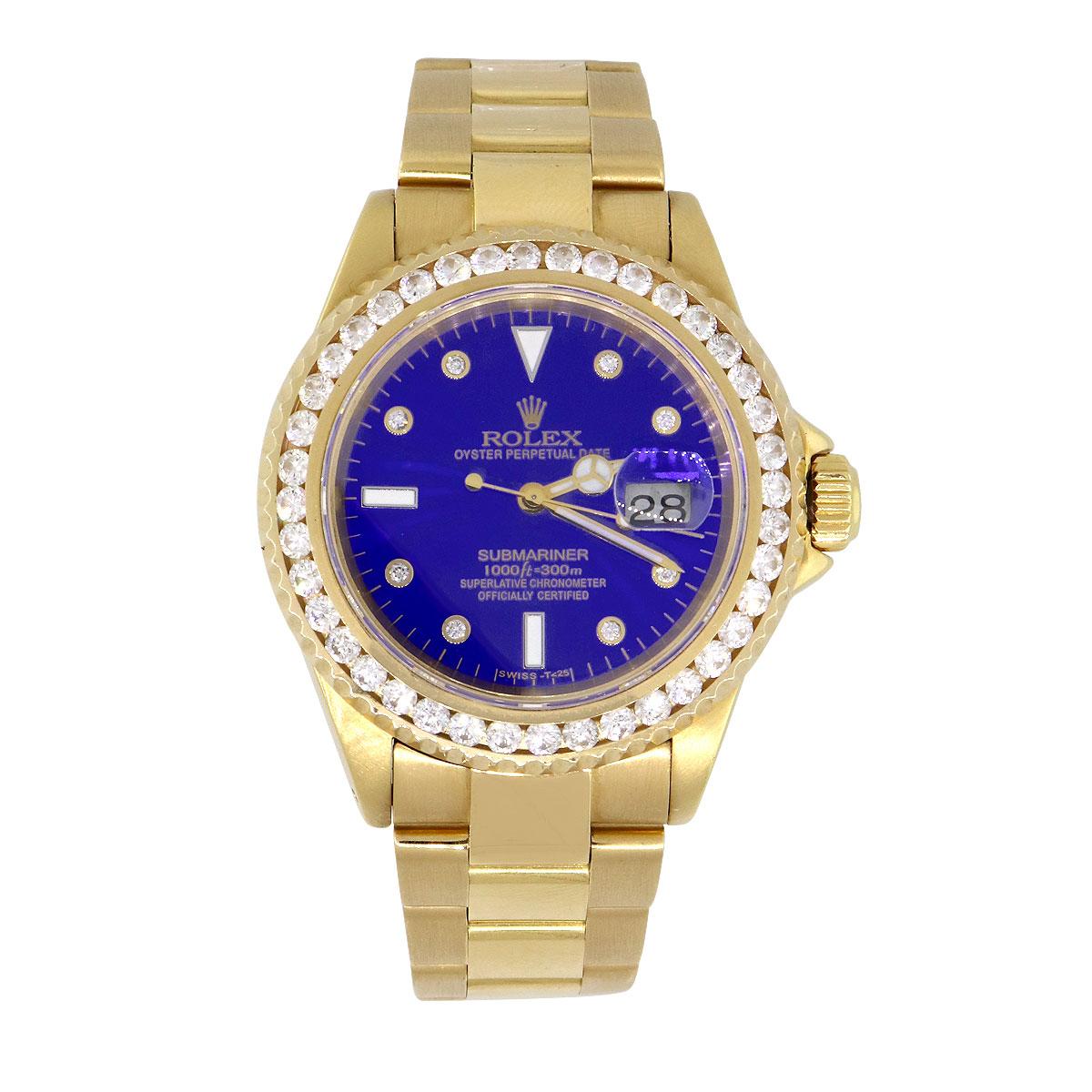 Brand: Rolex
MPN: 16618
Model: Submariner
Case Material: 18k yellow gold
Case Diameter: 40mm
Crystal: Scratch resistant sapphire
Bezel: Diamond bezel (aftermarket)
Dial: Blue dial (aftermarket)
Bracelet: 18k yellow gold oyster band
Size: Will fit up