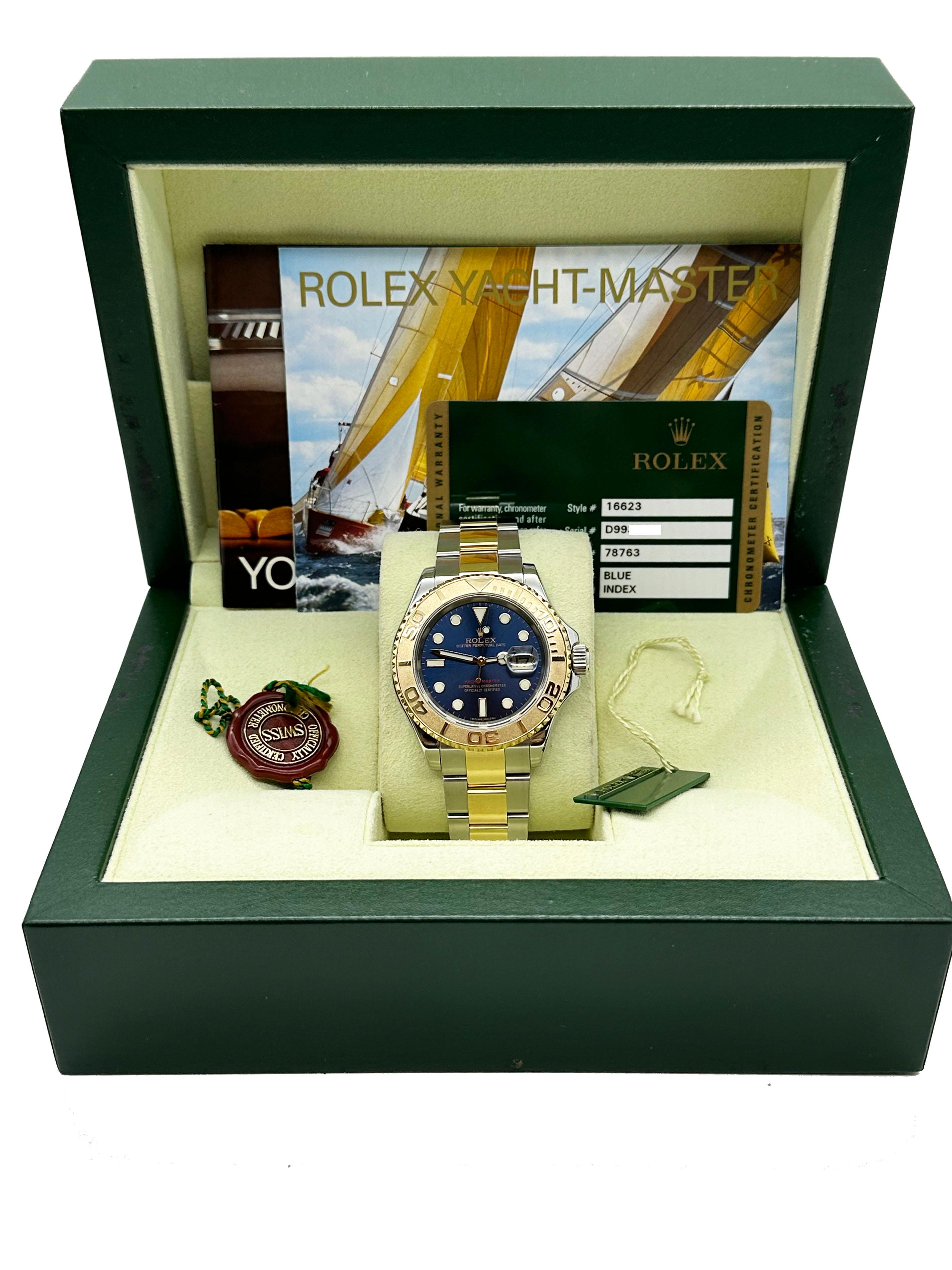 Stilnummer: 16623



Seriennummer: D993***



Jahr: 2007

 

Modell: Yacht Master

 

MATERIAL des Gehäuses: Rostfreier Stahl

 

Band: 18K Gelbgold & Edelstahl

 

Lünette: 18K Gelbgold 

  

Zifferblatt: Blau

 

Gesicht: Saphirglas

