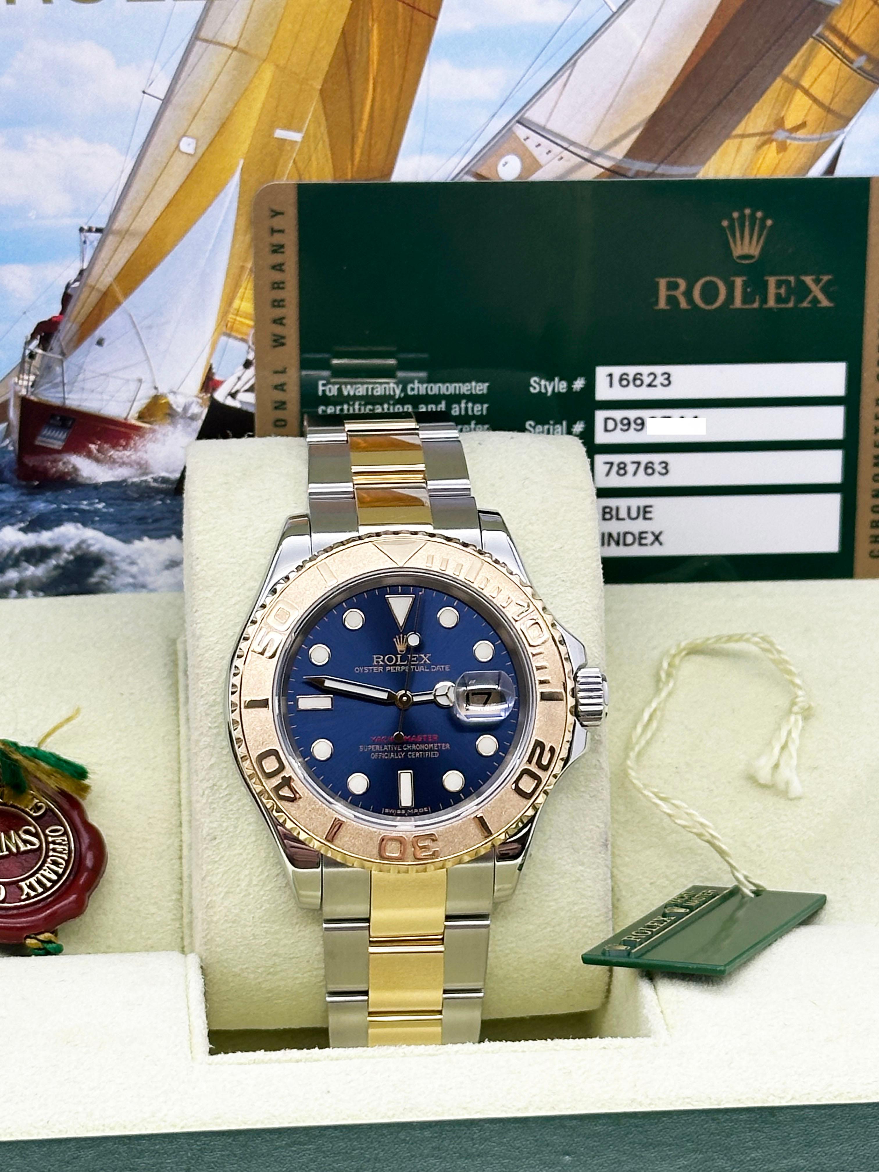 Rolex 16623 Yacht Master 40mm Blaues Zifferblatt 18K Gelbgold Edelstahl Box Papier im Zustand „Hervorragend“ in San Diego, CA