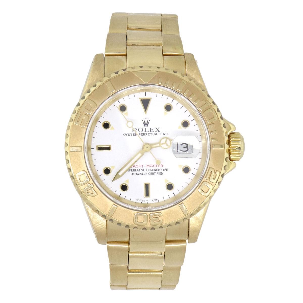 Brand: Rolex
MPN: 16628
Model: Yacht-master
Case Material: 18k yellow gold
Case Diameter: 40mm
Crystal: Sapphire crystal (scratch resistant)
Bezel: 18k yellow gold bidirectional bezel
Dial: White dial with yellow gold hands and markers, date is