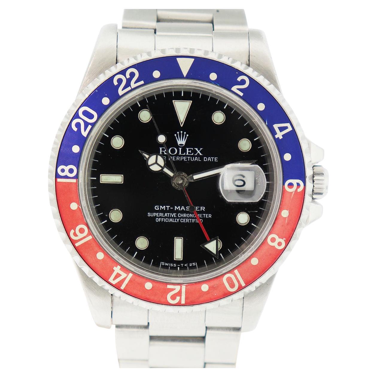 Rolex 16700 GMT Master "Pepsi" Stainless Steel Black Dial Watch For Sale