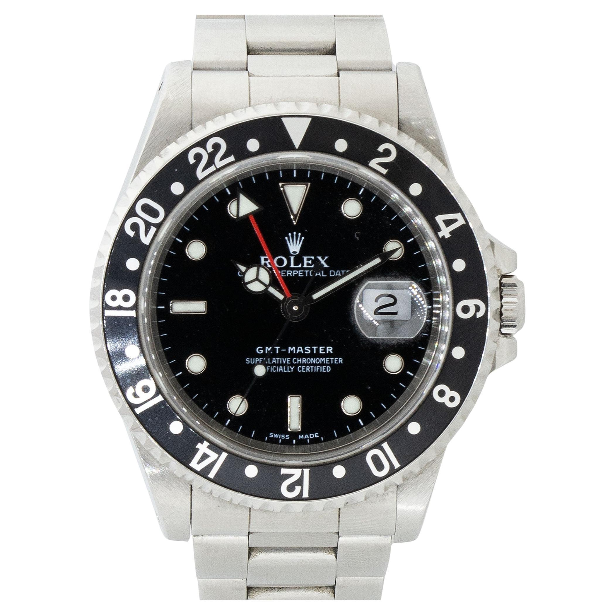 Rolex 16700 GMT-Master Stainless Steel Black Dial Watch For Sale