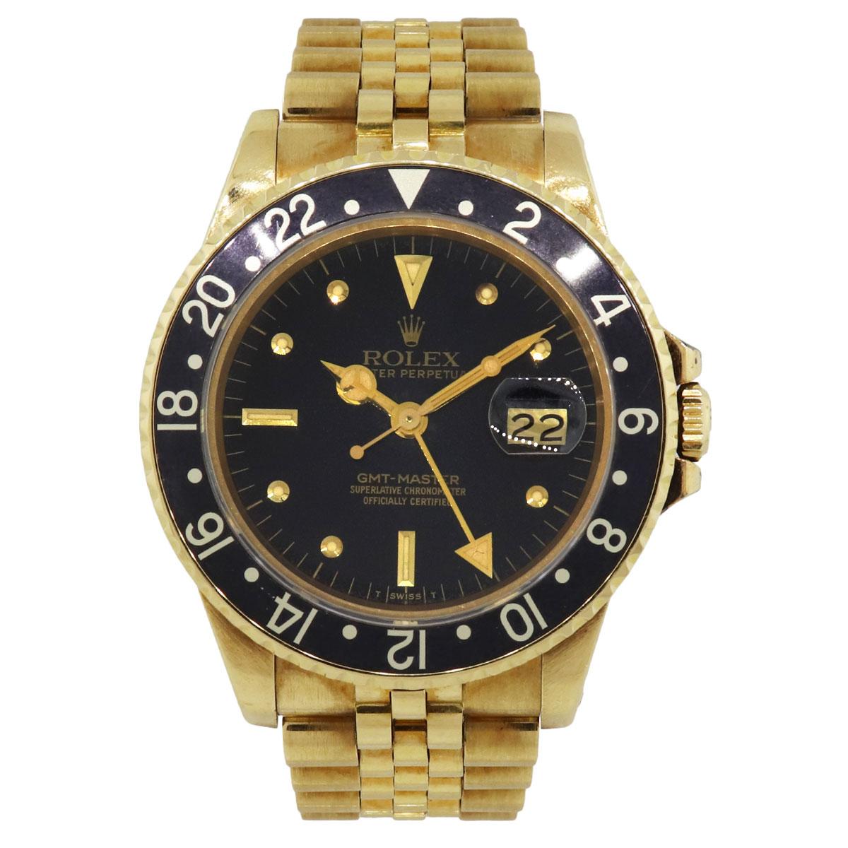 Brand: Rolex
Model: GMT-Master
MPN: 16758
Serial: 8 million serial
Dial: Black nipple dial
Bezel: Black bi-directional bezel
Case Measurements: 40mm
Bracelet: 18k yellow gold jubilee band
Clasp: Fold over concealed clasp
Movement: Automatic
Size:
