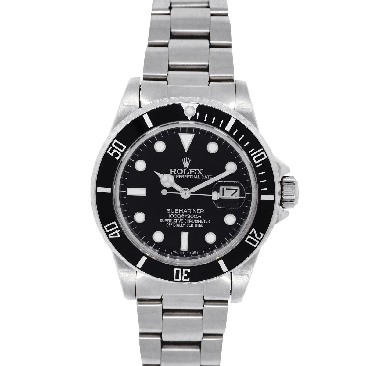 Brand: Rolex
MPN: 16800
Model: Submariner
Case Material: Stainless Steel
Case Diameter: 40mm
Crystal: Scratch resistant sapphire
Bezel: Black rotating bezel
Dial: Black dial with stainless steel luminescent hour marker and hands. Date is displayed