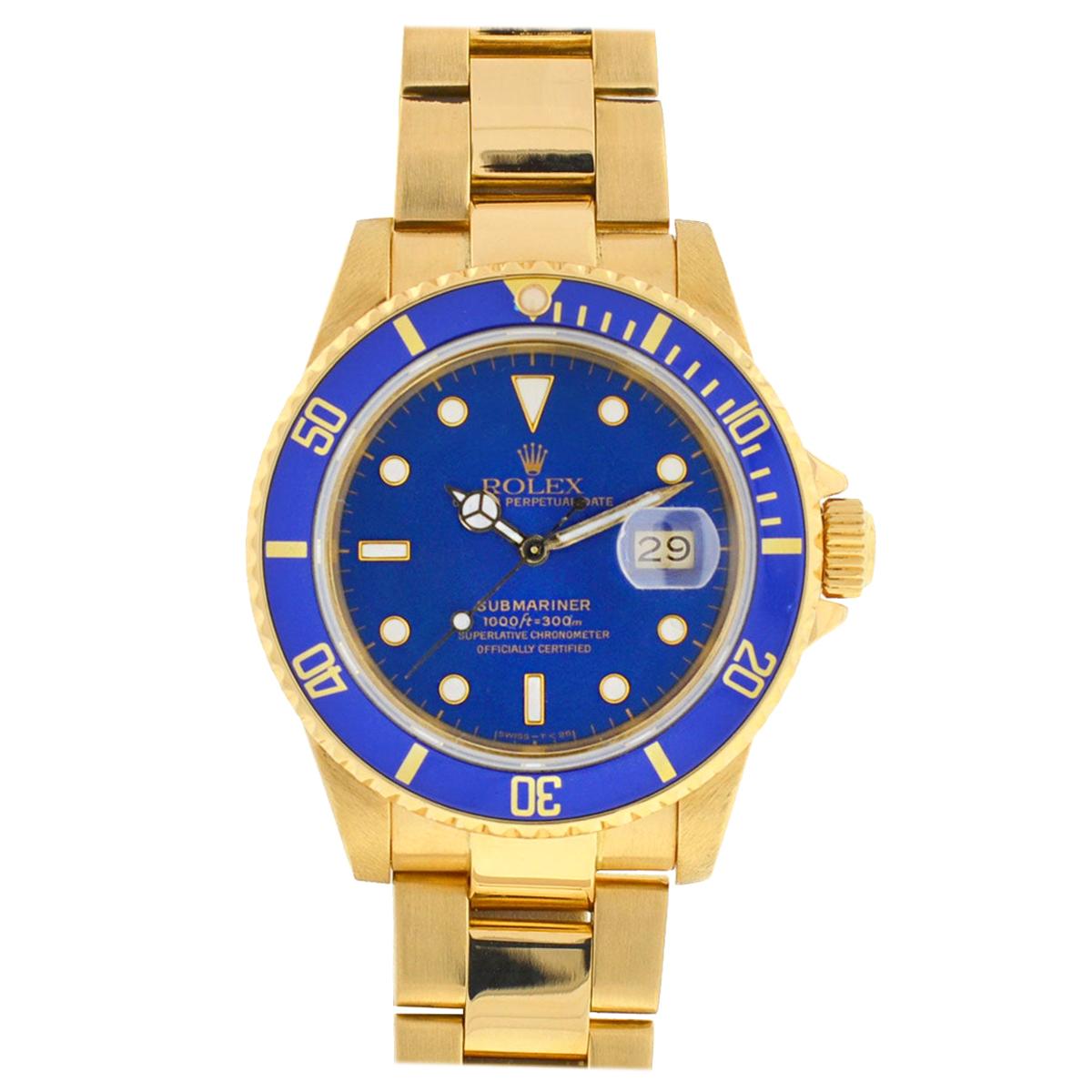 Rolex 16808 Submariner 18 Karat Yellow Gold Blue Dial Automatic Men's Watch