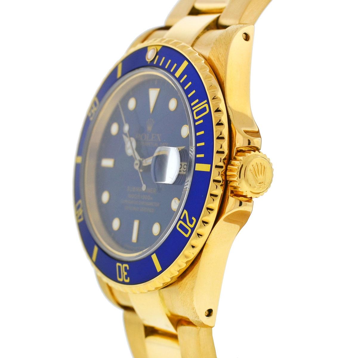 Rolex 16808 Submariner 18 Karat Yellow Gold Blue Dial Automatic Men's Watch In Excellent Condition In Boca Raton, FL