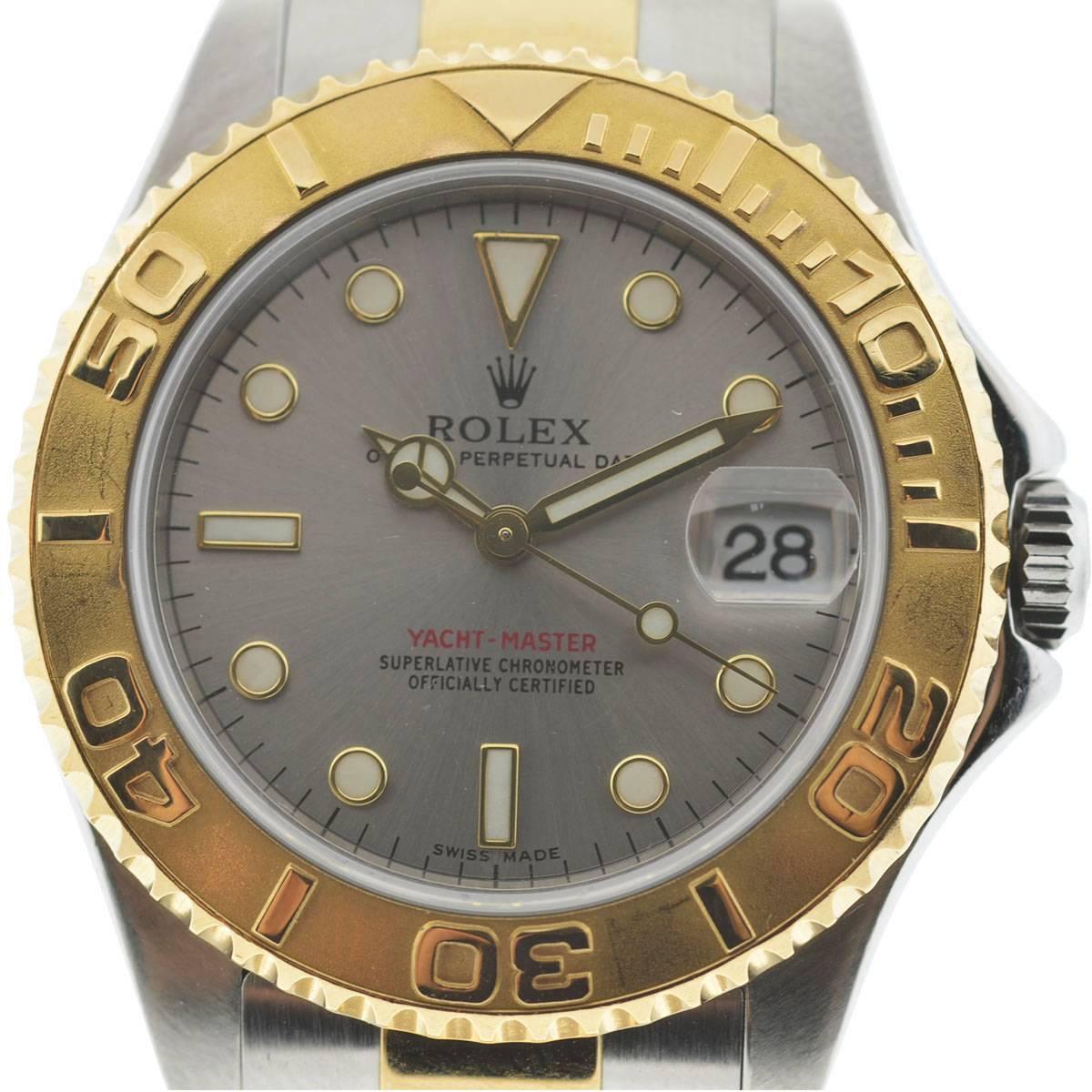 Company -Rolex
Model - Yachtmaster
Case Metal - Stainless Steel
Case Measurement - 35mm
Bracelet -18ct Gold/Stainless Steel
Dial -Silver
Bezel - 18k Yellow Gold
Crystal - Scratch Resistant Sapphire
Movement -Automatic
Features -Date, Hours, Minutes,