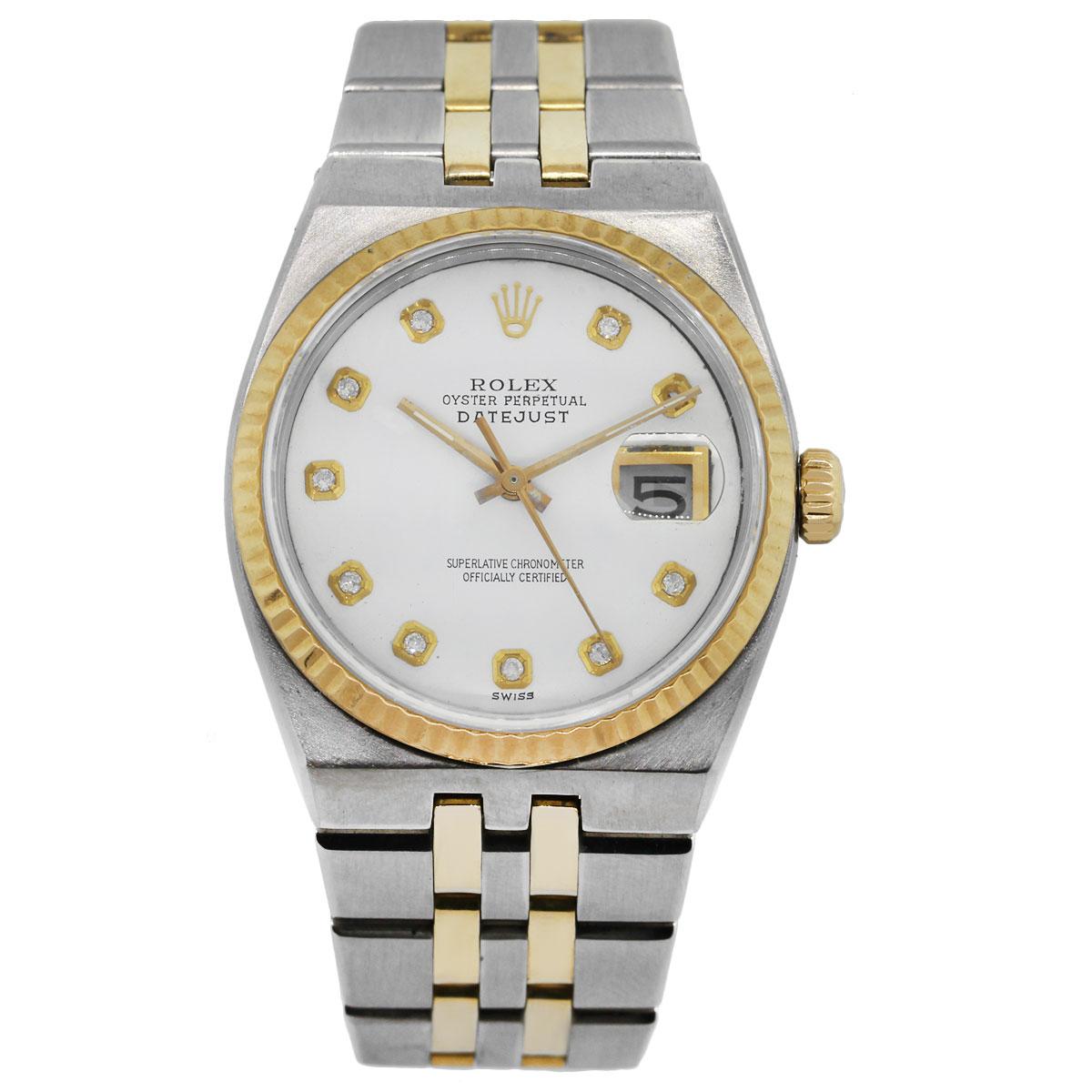 Brand: Rolex
Model: Oysterquartz
MPN: 17000B
Case Material: Stainless Steel
Case Diameter 	
Crystal: Scratch resistant sapphire crystal
Bezel: 18k yellow gold fluted bezel
Dial: White pyramid dial with diamond hour markers and yellow gold minute and