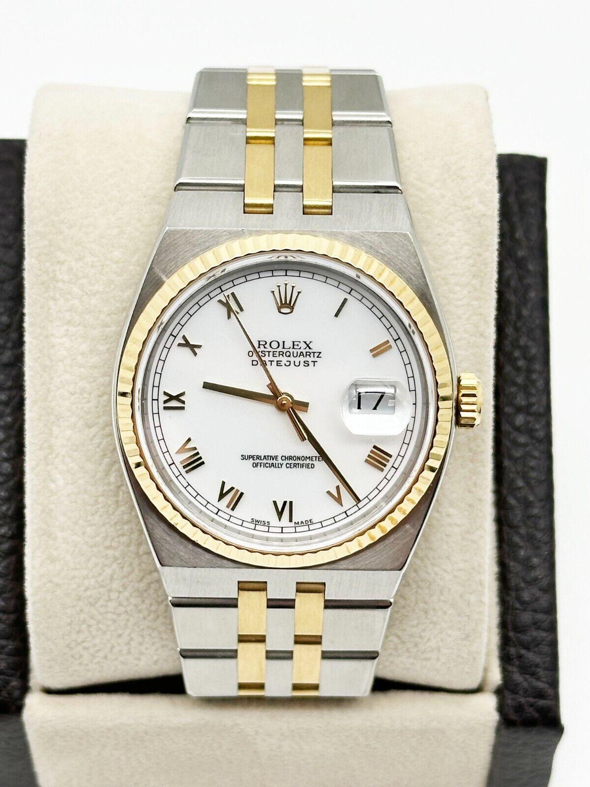 Rolex 17013 Datejust Oysterquartz White Dial 18K Yellow Gold Stainless Steel In Excellent Condition For Sale In San Diego, CA