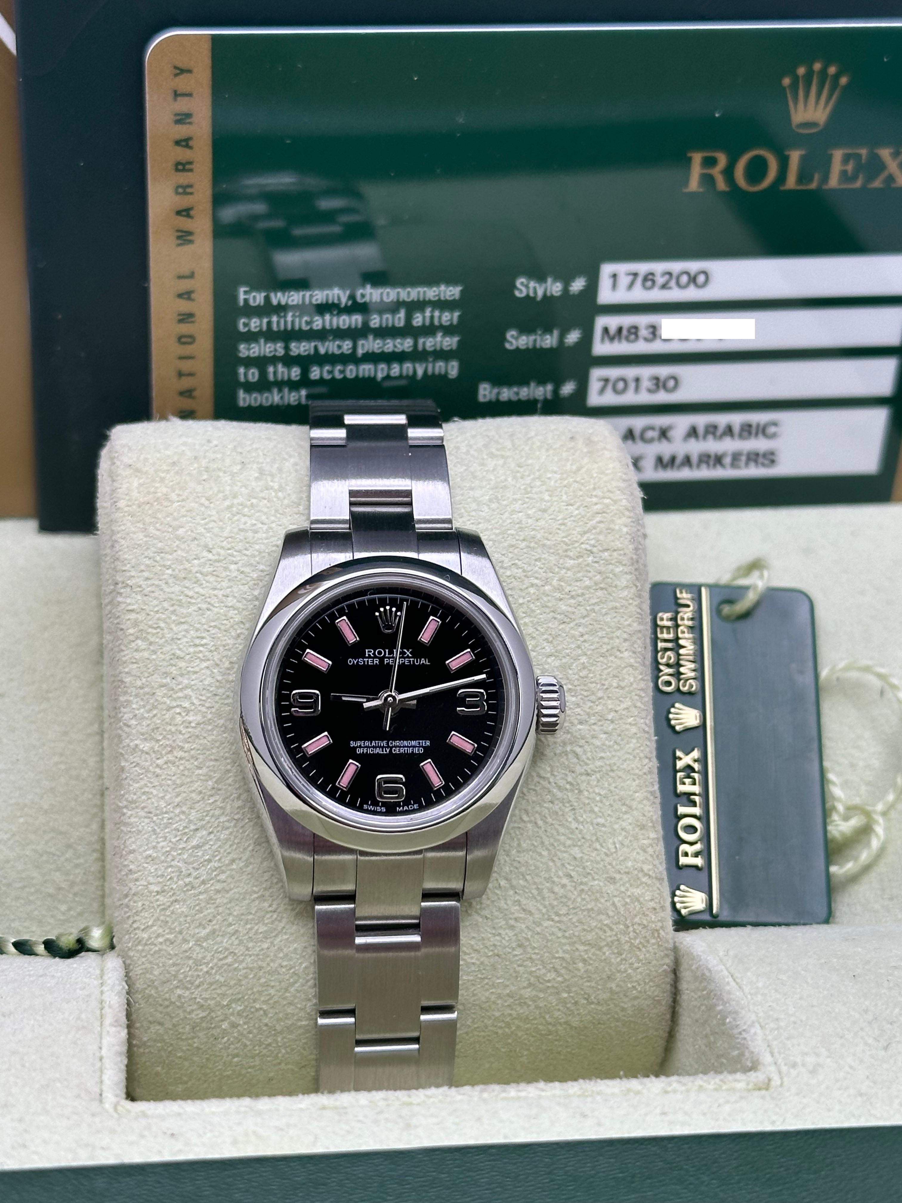 Rolex 176200 Damen Oyster Perpetual Schwarzes Zifferblatt Rosa Markierungen Stahl Box Papiere im Zustand „Hervorragend“ im Angebot in San Diego, CA