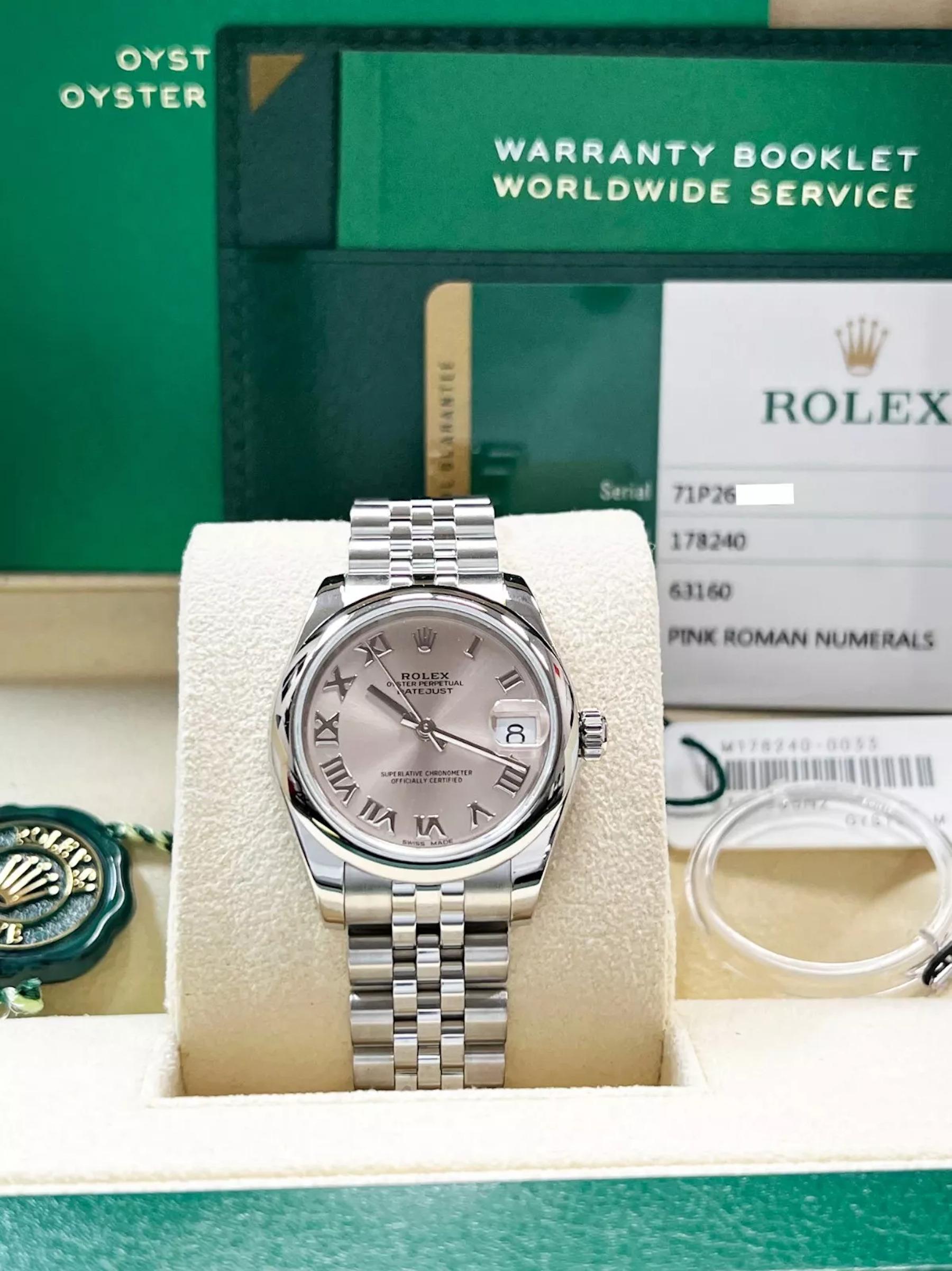 Rolex 178240 Datejust Midsize 31mm Rosa Zifferblatt Edelstahl Box Papier 2020 im Angebot 3