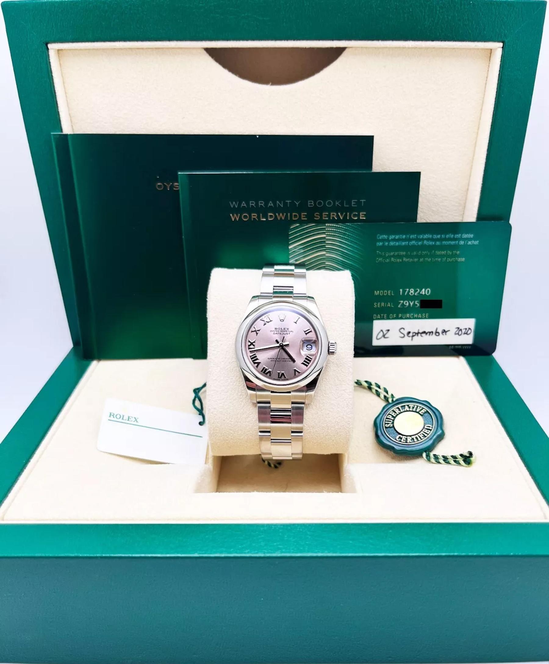 Stilnummer: 178240

Seriennummer: Z9Y55***

Jahr: 2020

Modell: Datejust

MATERIAL des Gehäuses: Rostfreier Stahl

Band: Rostfreier Stahl

Lünette: Edelstahl

Zifferblatt: Rosa römisches Zifferblatt

Gesicht: Saphirglas

Gehäusegröße: 31mm

Enthält: