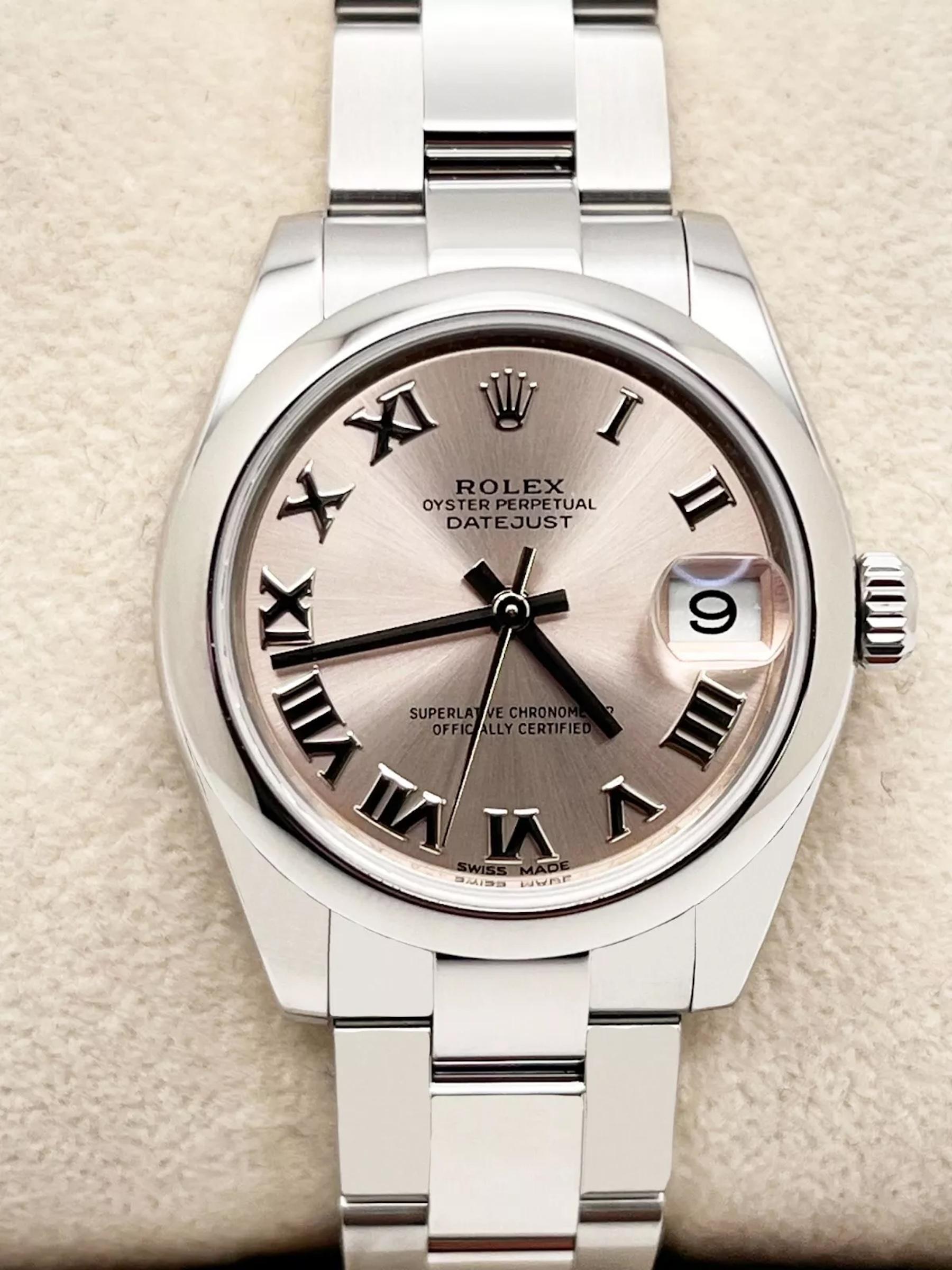 Rolex 178240 Datejust Midsize 31mm Rosa römisches Zifferblatt Edelstahl Box Papier 2020 für Damen oder Herren