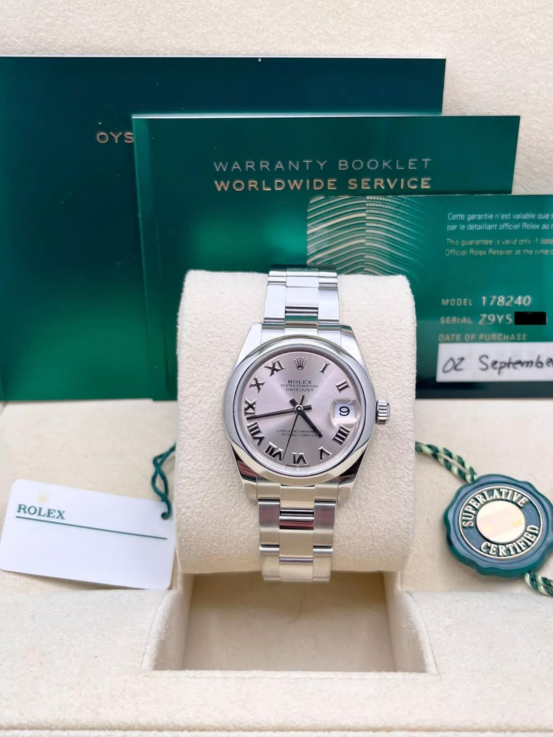 Rolex 178240 Datejust Midsize 31mm Rosa römisches Zifferblatt Edelstahl Box Papier 2020 3