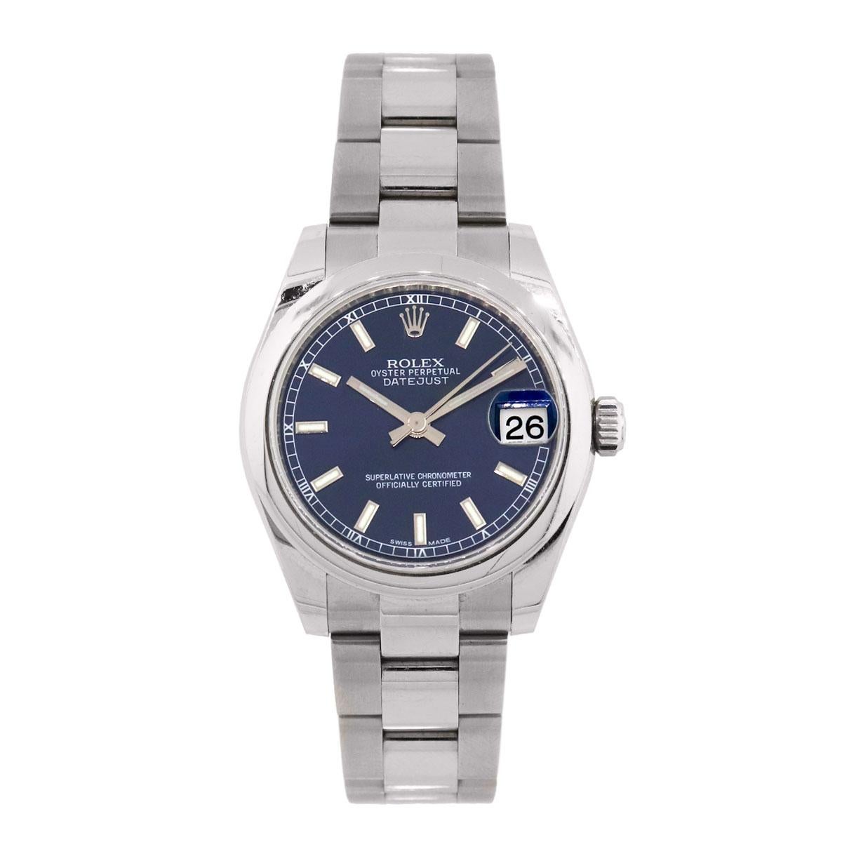 Brand: Rolex
MPN: 178240
Model: Datejust
Case Material: Stainless Steel
Case Diameter: 31mm
Crystal: Sapphire crystal
Bezel: Stainless steel smooth bezel
Dial: Blue stick dial
Bracelet: Stainless steel oyster band
Size: Will fit a 6.50″