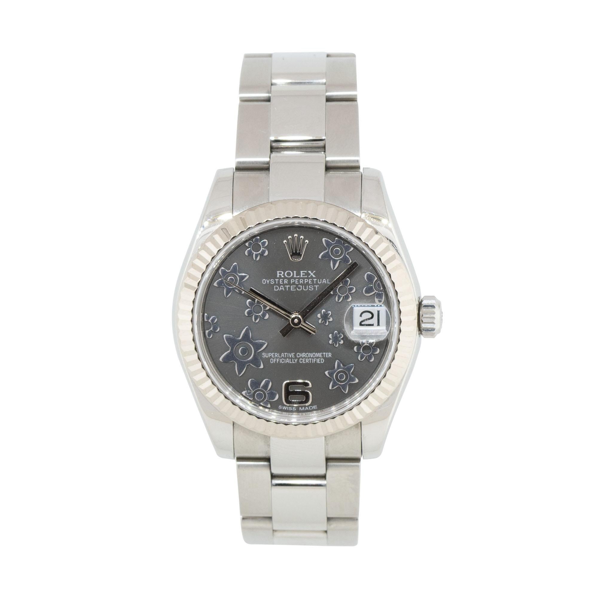 Rolex 178274 Datejust 31mm Edelstahl-Uhr mit geblümtem Zifferblatt
Die Rolex 178274 Datejust mit geblümtem Zifferblatt verkörpert zeitlose Eleganz und unverwechselbares Design und ist damit eine begehrte Wahl für Frauen, die bei ihrem Zeitmesser