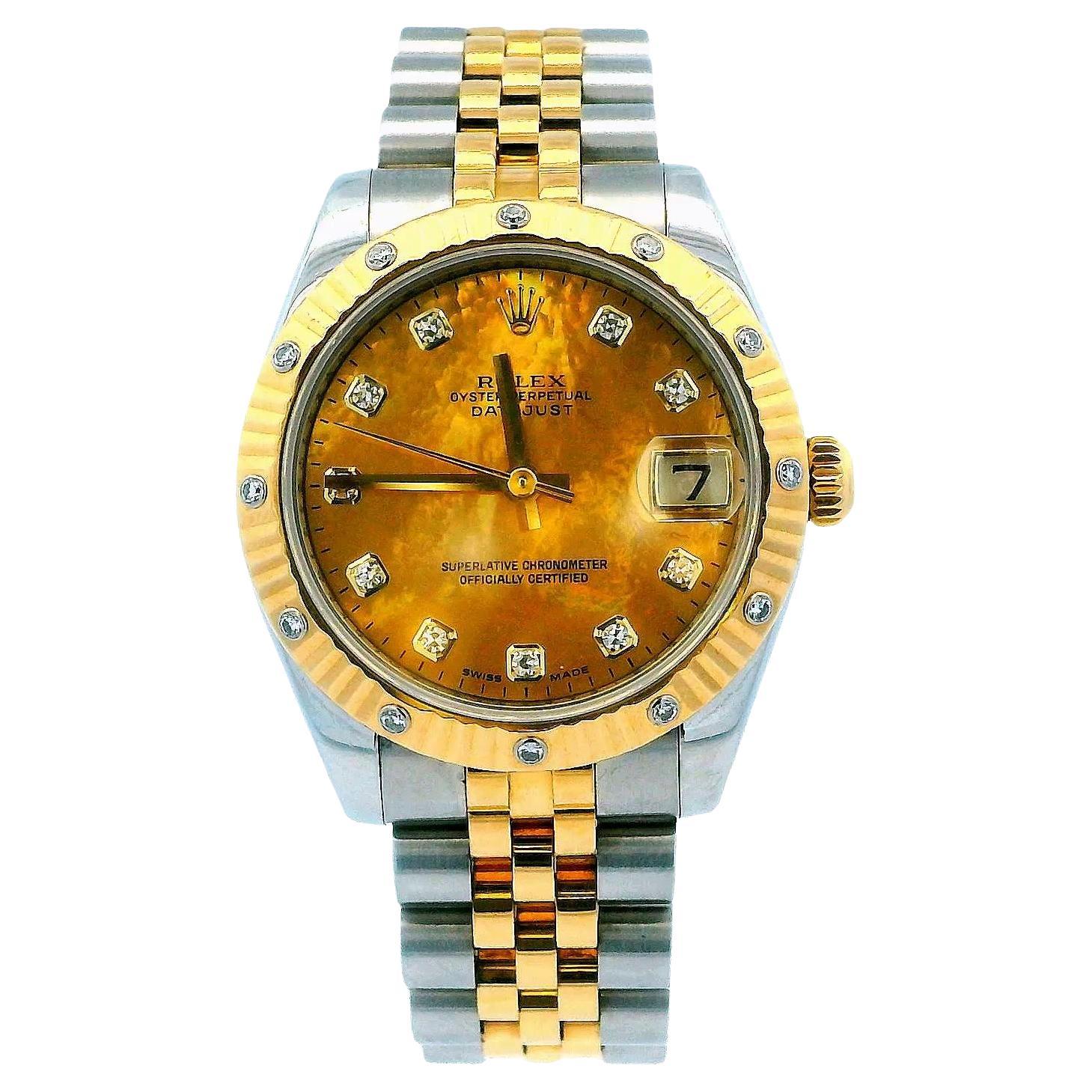 Rolex 178313 Midsize Yellow Gold Steel MOP Diamond Ladies Watch Box & Papers For Sale