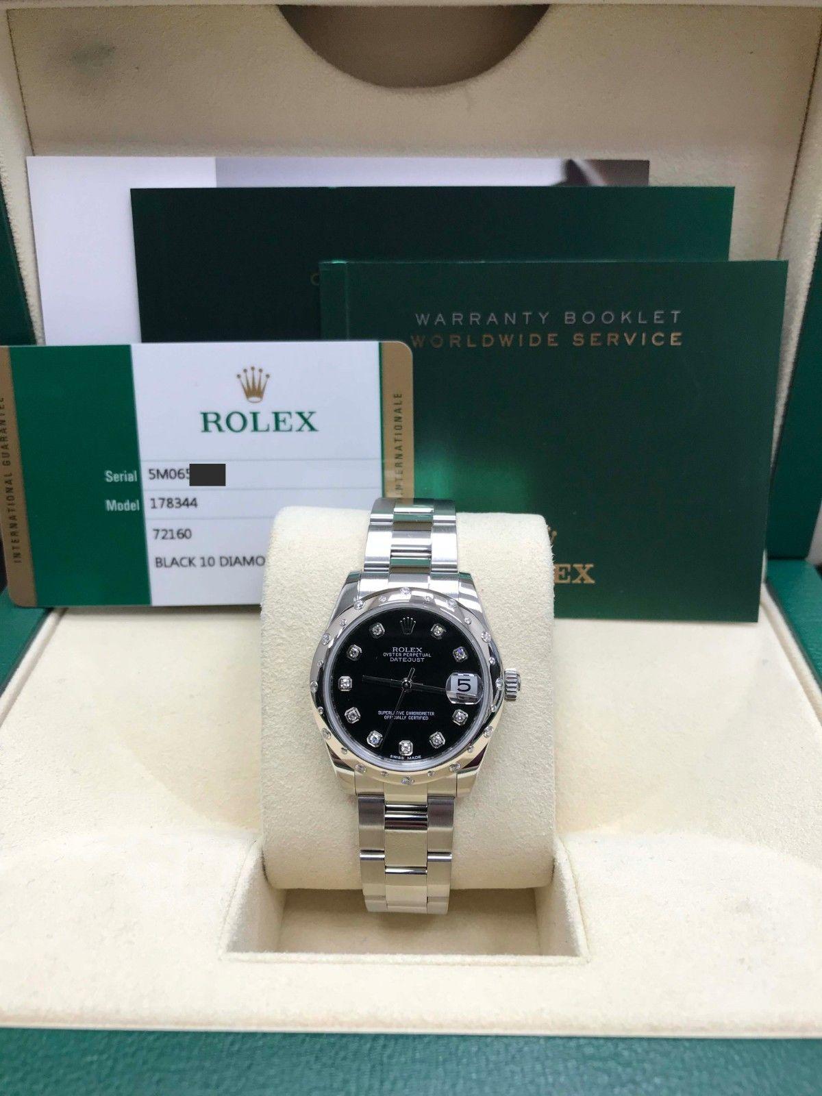Women's Rolex 178344 Midsize Datejust Steel Diamond Bezel and Dial Box Papers, 2016