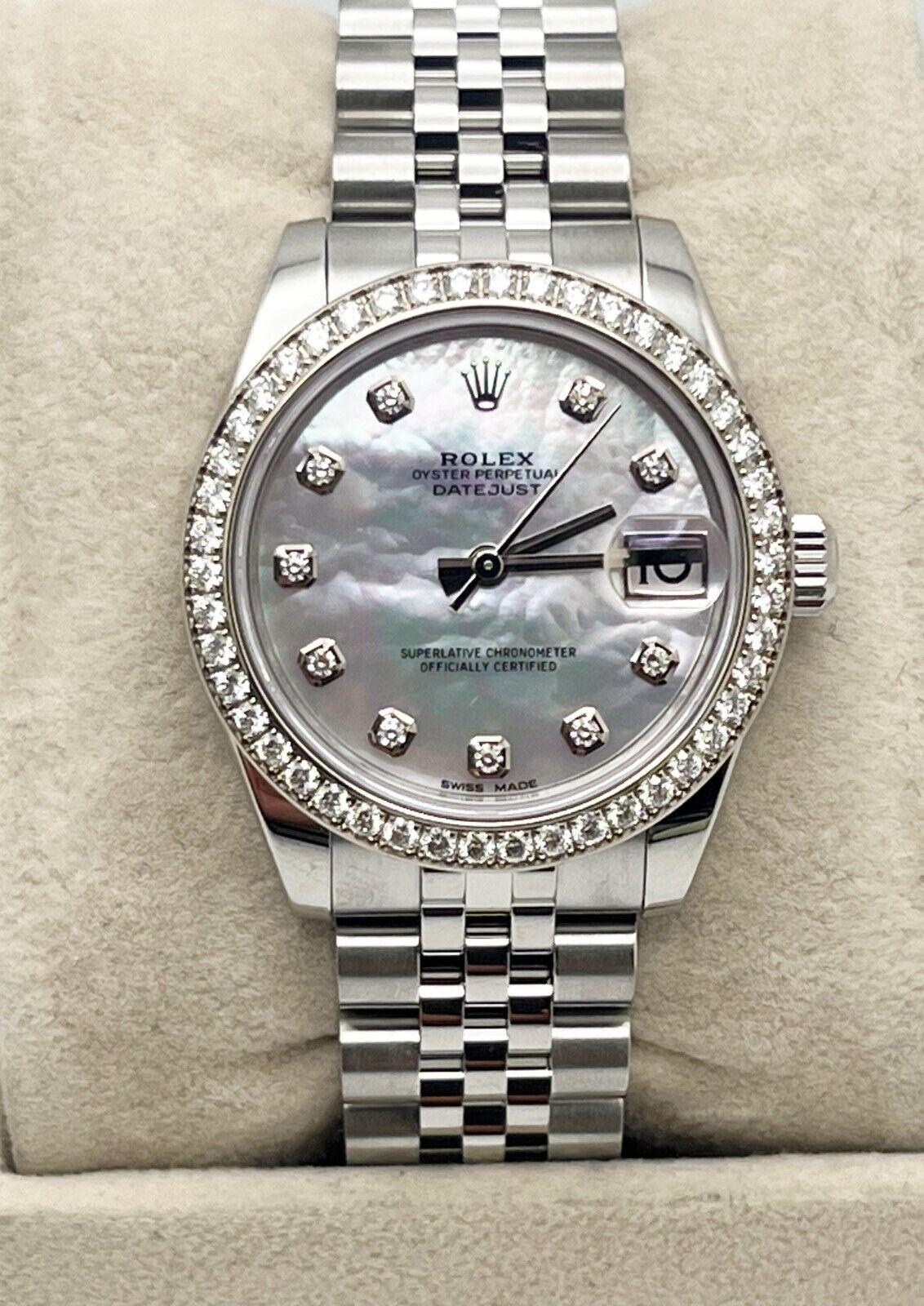 Style Number: 178384

Serial: SU685***

Year: 2010 - Now

Model: Datejust 31

Case Material: Stainless Steel

Band: Stainless Steel

Bezel: Factory Diamond Bezel

Dial: Factory Mother of Pearl Diamond Dial

Face: Sapphire Crystal

Case Size: