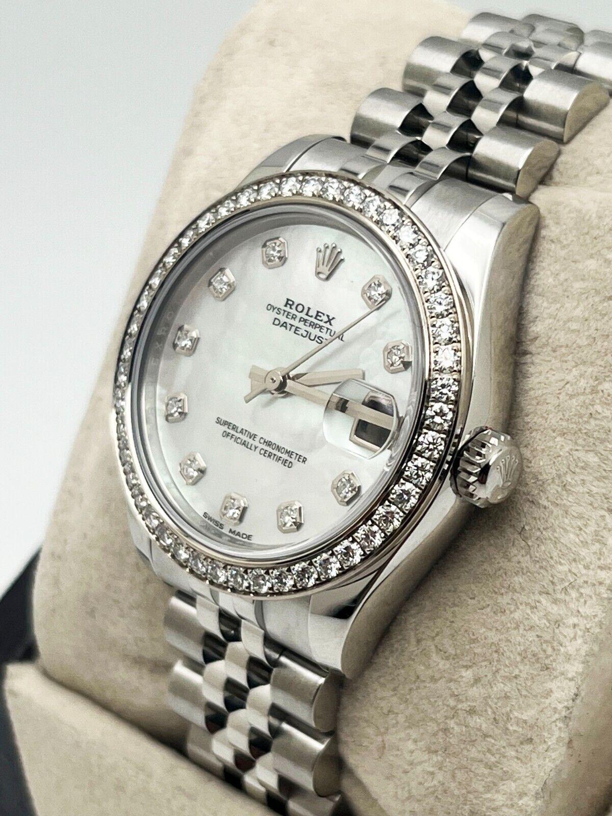 Rolex 178384 Datejust Midsize 31mm Factory MOP Diamond Dial and Bezel Steel In Excellent Condition For Sale In San Diego, CA