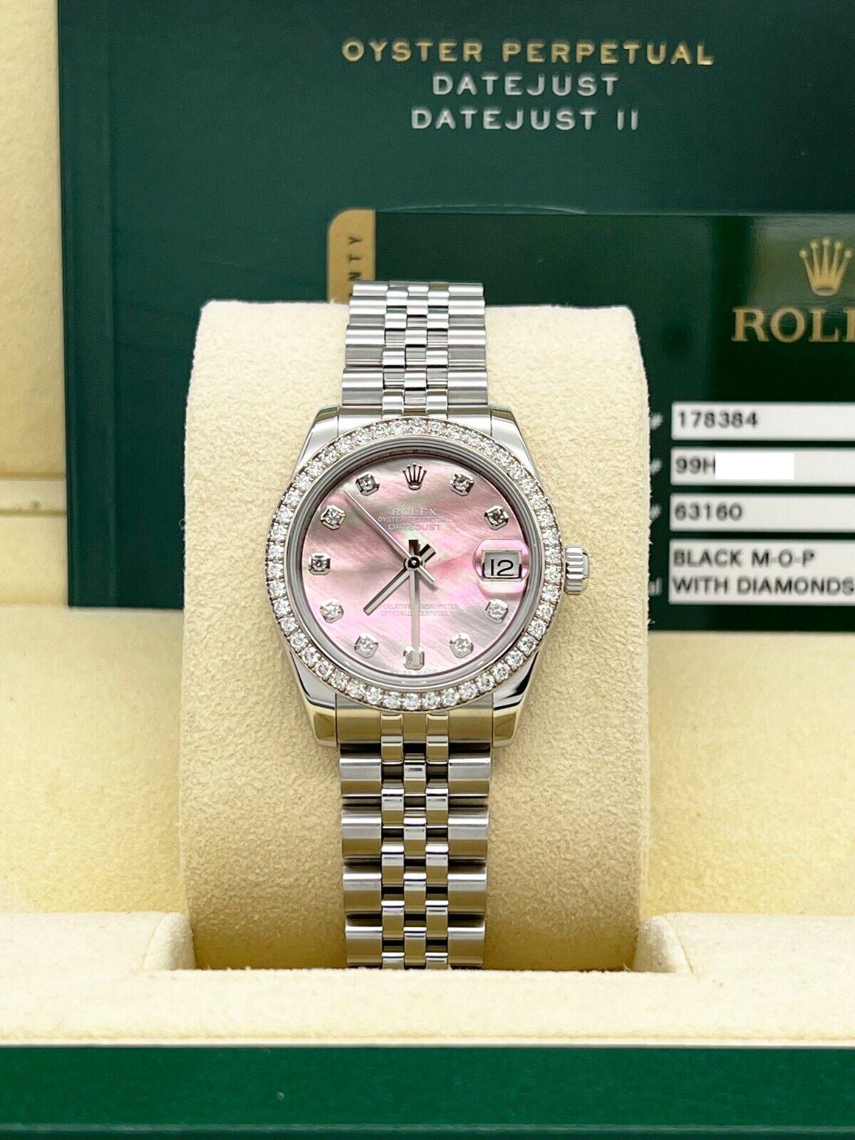 Rolex 178384 Datejust Midsize 31mm Tahitian MOP Diamond Dial Steel Box Paper In Excellent Condition For Sale In San Diego, CA