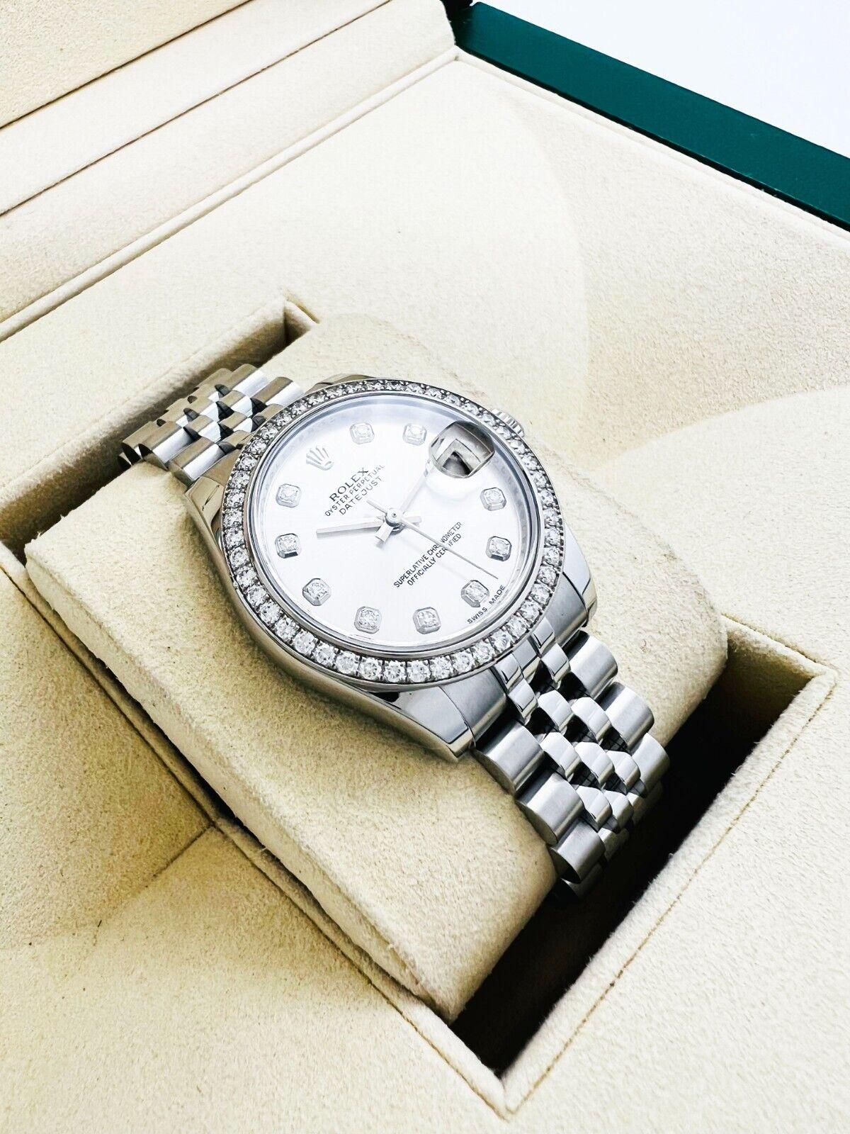 Rolex 178384 Datejust Midsize Silver Diamond Dial Bezel Steel Box Paper 31mm In Excellent Condition For Sale In San Diego, CA