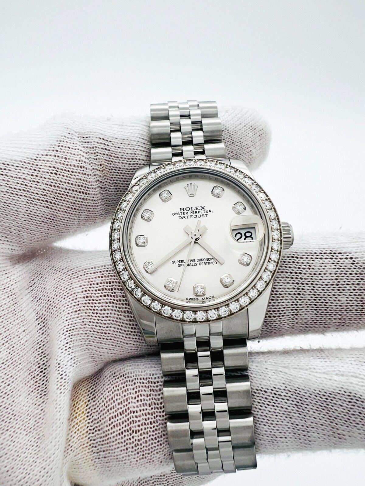 Women's or Men's Rolex 178384 Datejust Midsize Silver Diamond Dial Bezel Steel Box Paper 31mm For Sale