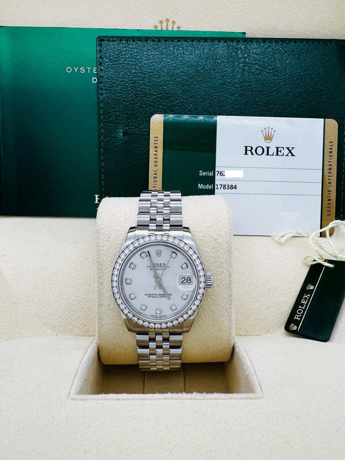 Rolex 178384 Datejust Midsize Silver Diamond Dial Bezel Steel Box Paper 31mm For Sale 3