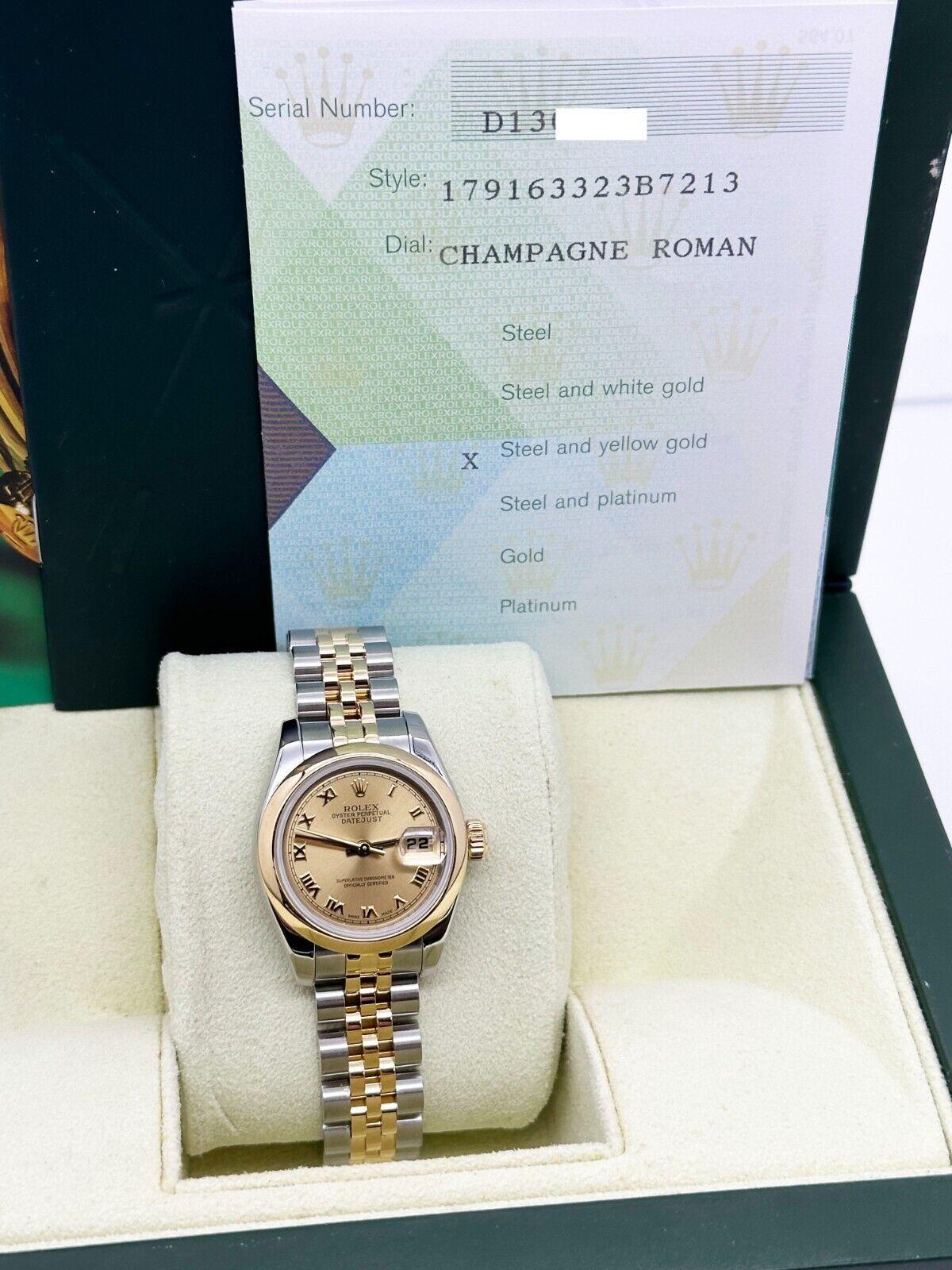 Rolex 179163 Ladies Datejust Roman Dial 18K Yellow Gold Steel Box Paper For Sale 6