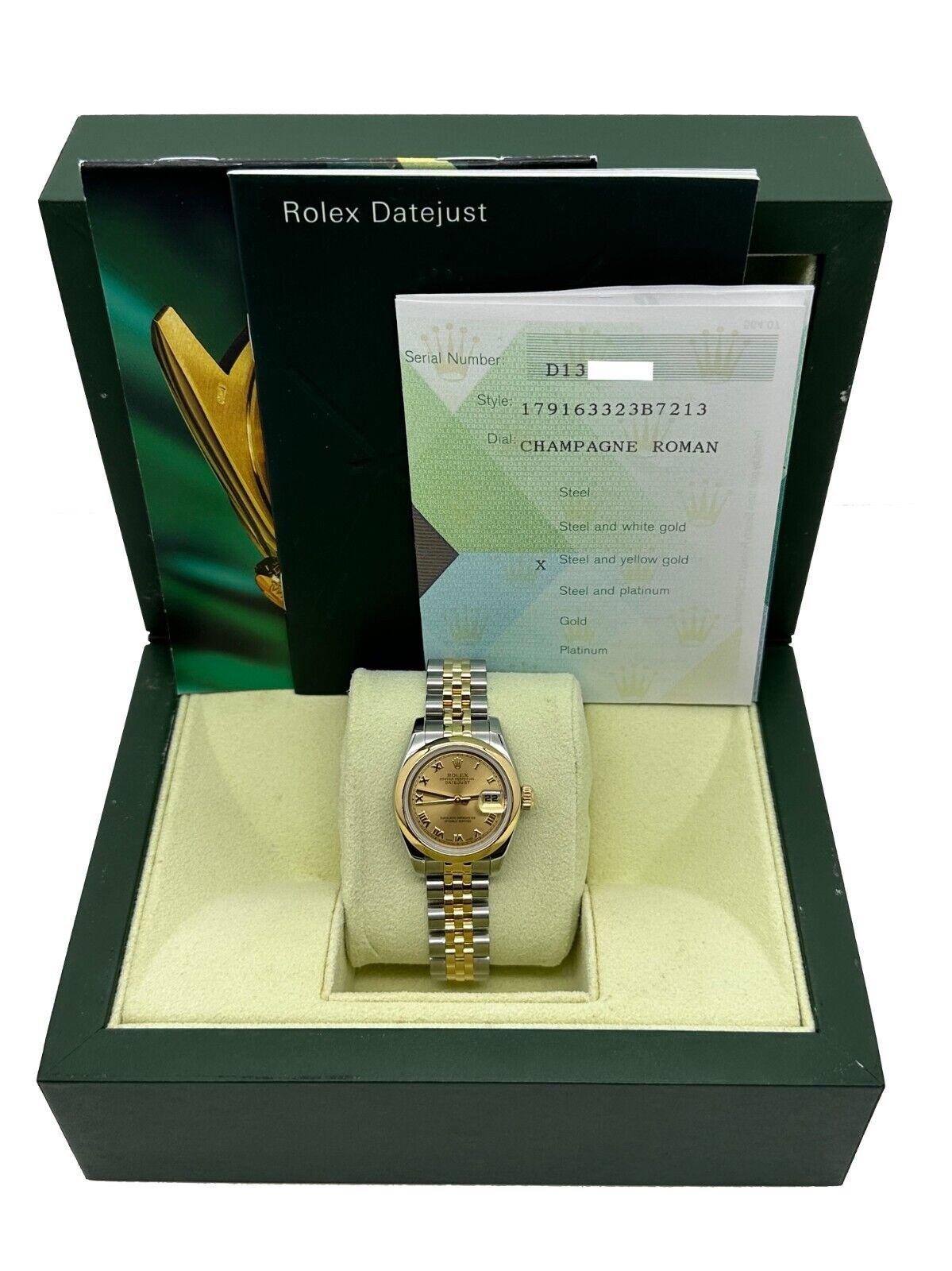 Style Number: 179163

Serial: D130***

Purchase Date: Sold in 2011
 
Model: Ladies Datejust 
 
Case Material: Stainless Steel
 
Band: 18K Yellow Gold & Stainless Steel 
 
Bezel: 18K Yellow Gold 
 
Dial: Champagne Roman Numeral Dial 
 
Face: Sapphire