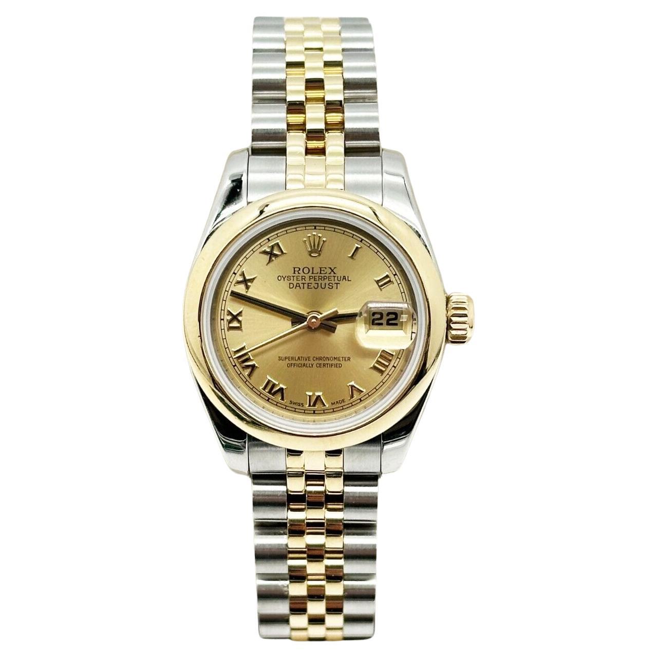 Rolex 179163 Ladies Datejust Roman Dial 18K Yellow Gold Steel Box Paper For Sale