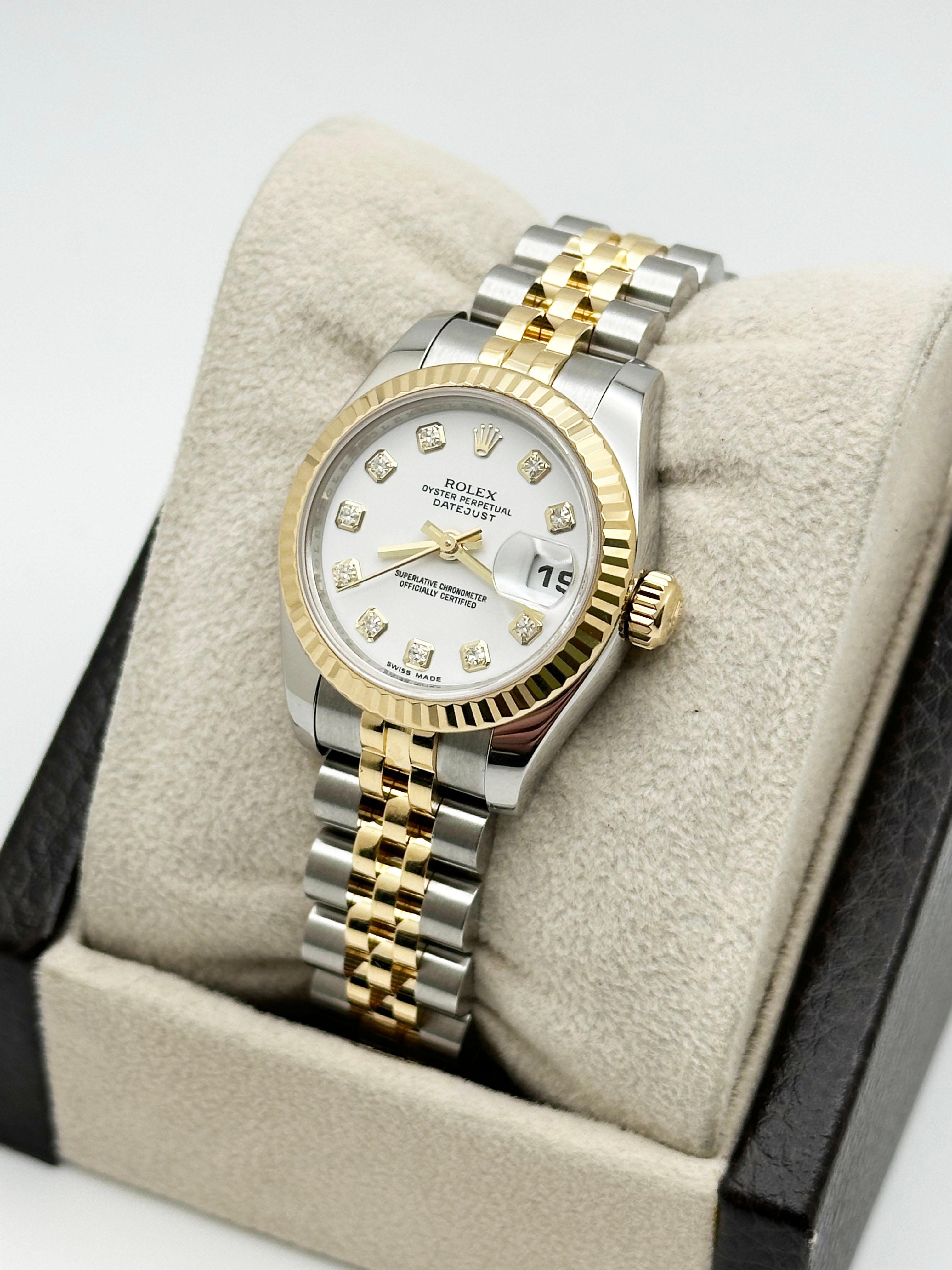 Rolex 179173 Ladies Datejust White Diamond Dial 18K Yellow Gold Steel Box Paper 2