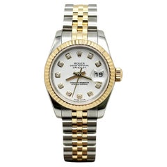 Rolex 179173 Ladies Datejust White Diamond Dial 18K Yellow Gold Steel Box Paper