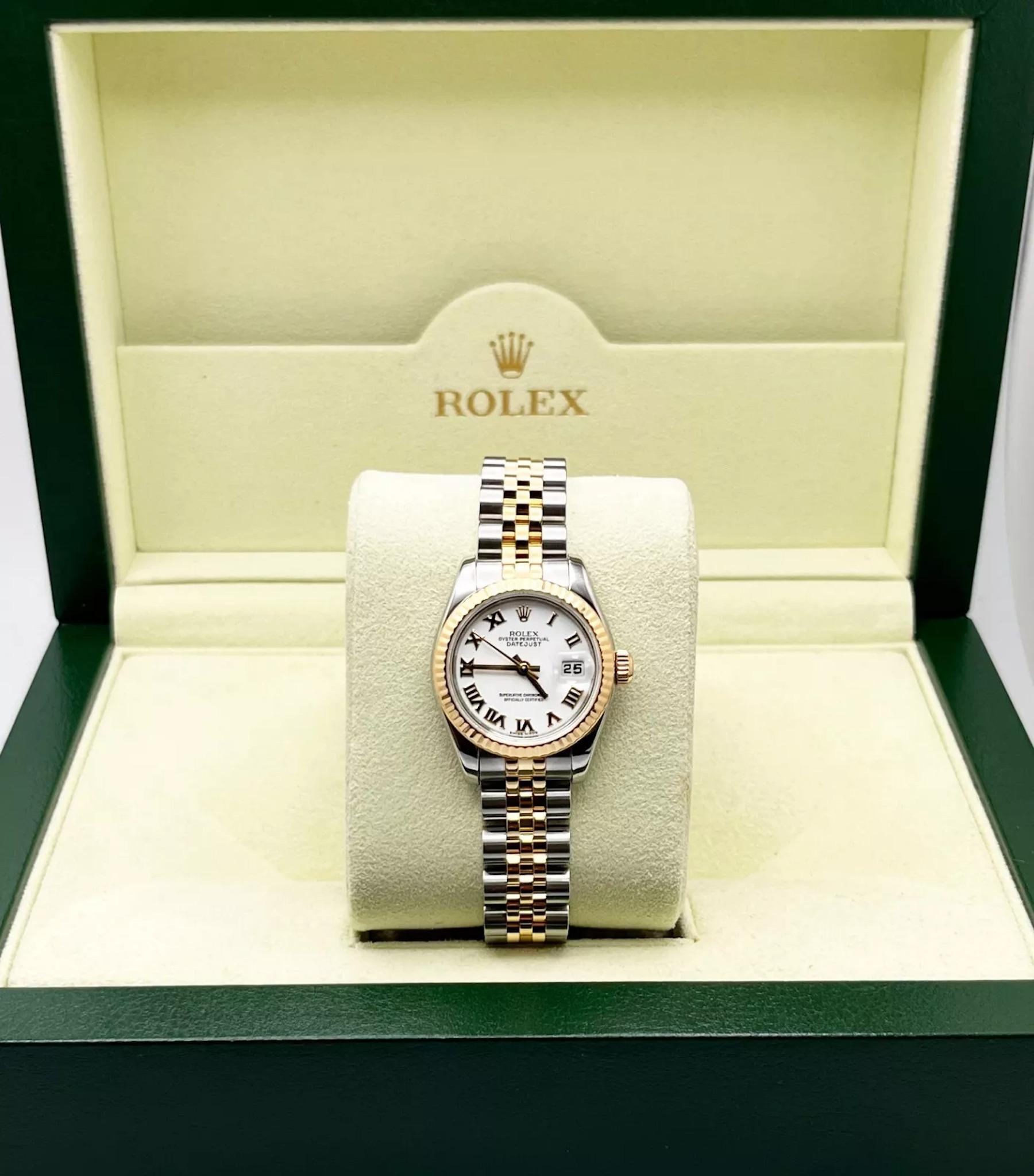 Rolex 179173 Damen Datejust Weißes römisches Zifferblatt 18K Gelbgold Stahl Box Papier 2