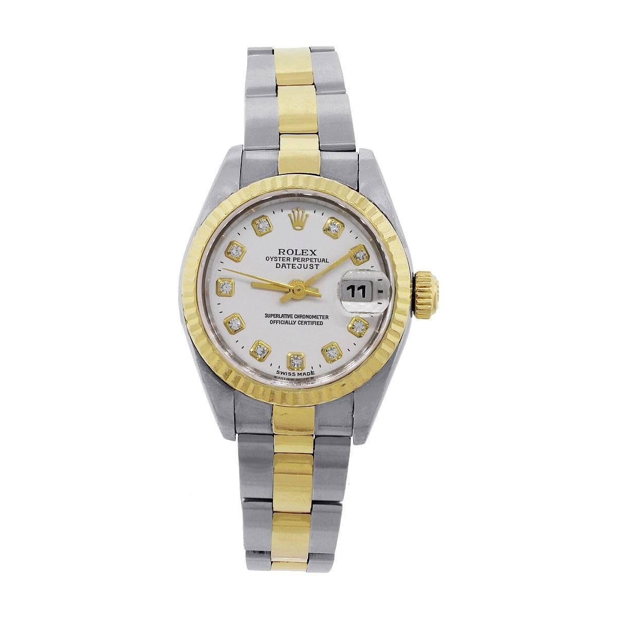 Brand: Rolex
Model: Datejust
Reference Number: 179173
Serial: “P”
Case Material: Stainless Steel
Dial: White Diamond Dial with Gold hands (factory)
Bezel: Fixed gold fluted bezel
Case Measurements: 26mm
Bracelet: Two Tone oyster band
Clasp: Fold
