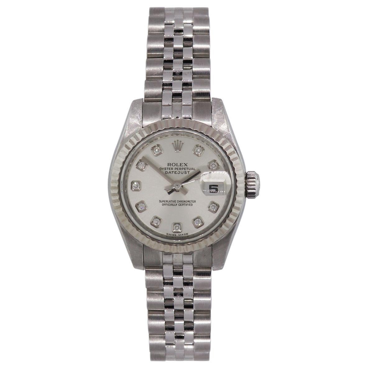 Brand: Rolex
MPN: 179174
Model: Datejust
Case Material: Stainless steel
Case Diameter: 26mm
Crystal: Scratch resistant sapphire
Bezel: 18k white gold bezel
Dial: Silver diamond dial
Bracelet: Stainless steel jubilee band
Size: Will fit up to a 5.75″