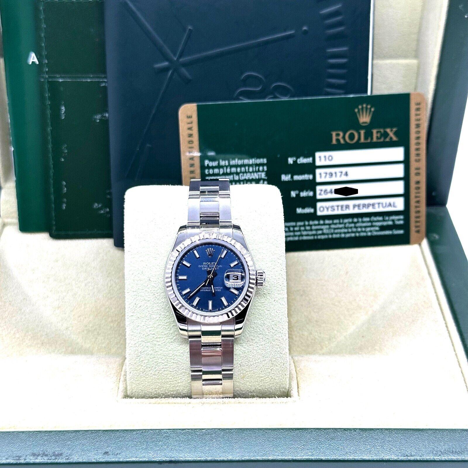 Women's Rolex 179174 Ladies Datejust Blue Dial Stainless Steel Box Paper 2010 For Sale