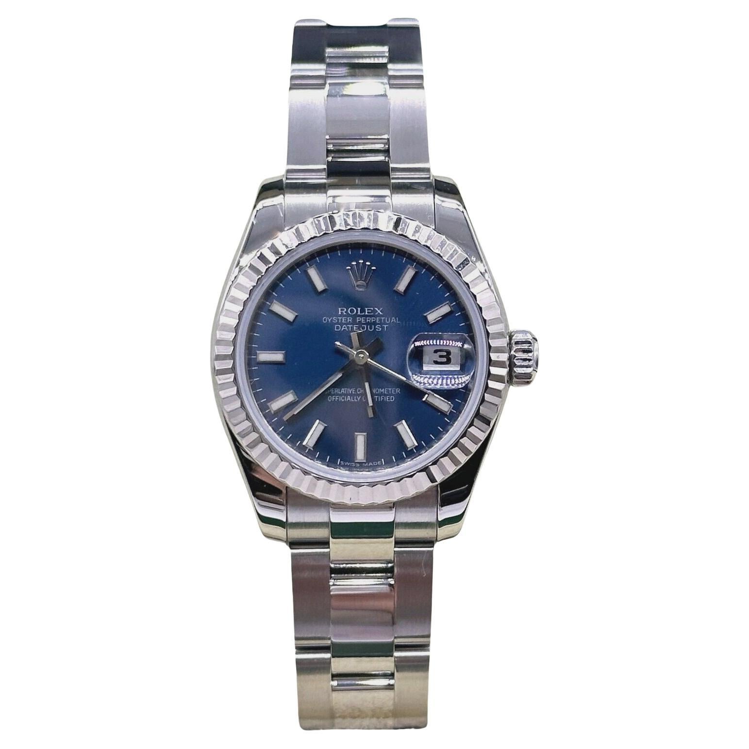 Rolex 179174 Ladies Datejust Blue Dial Stainless Steel Box Paper 2010 For Sale