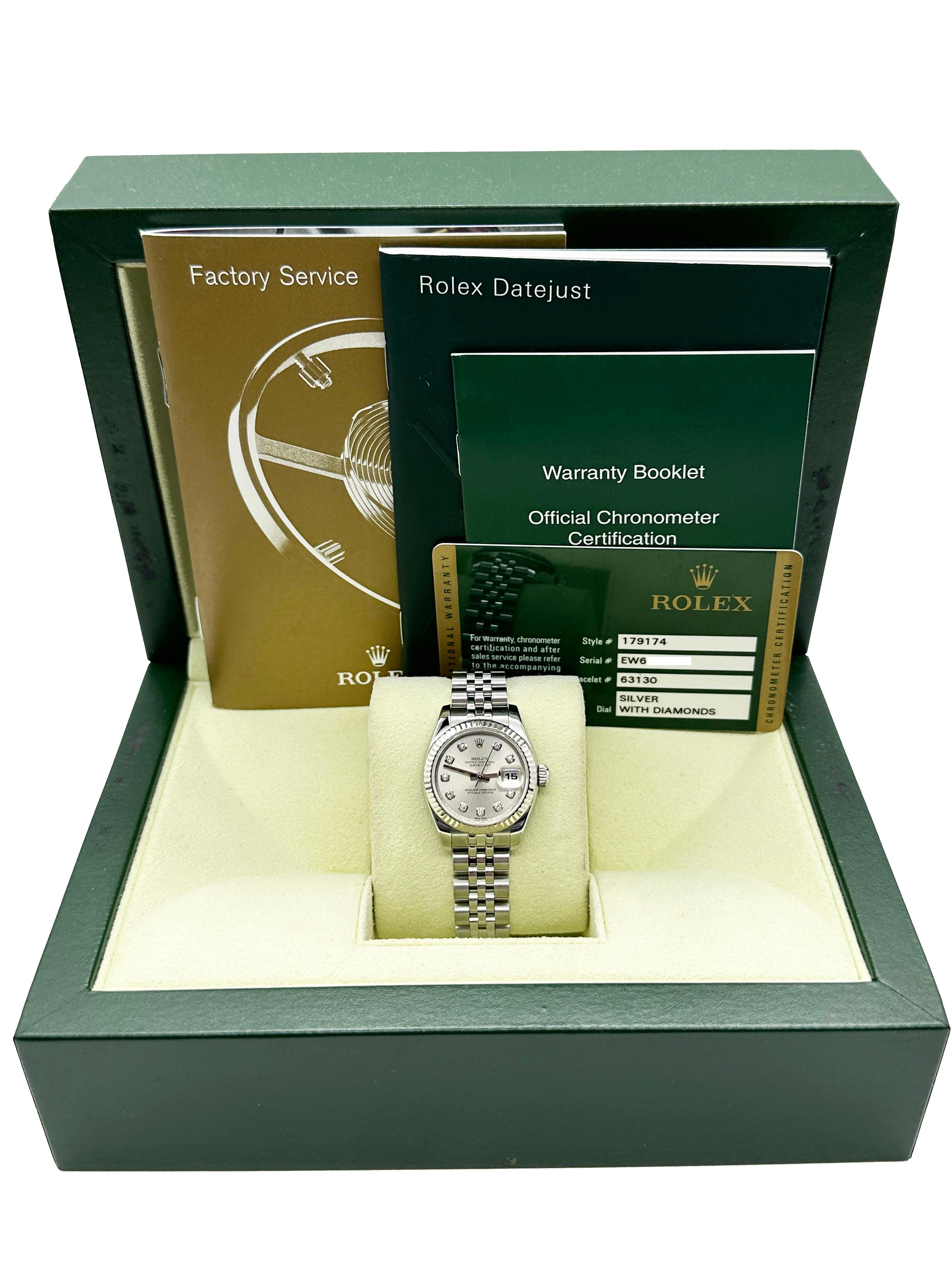 Style Number: 179174



Serial: EW670***



Year: 2011

 

Model: Ladies Datejust 

 

Case Material: Stainless Steel 

 

Band: Stainless Steel 

 

Bezel: 18K White Gold Fluted Bezel 

 

Dial: Original Factory Silver Diamond Dial 

 

Face: