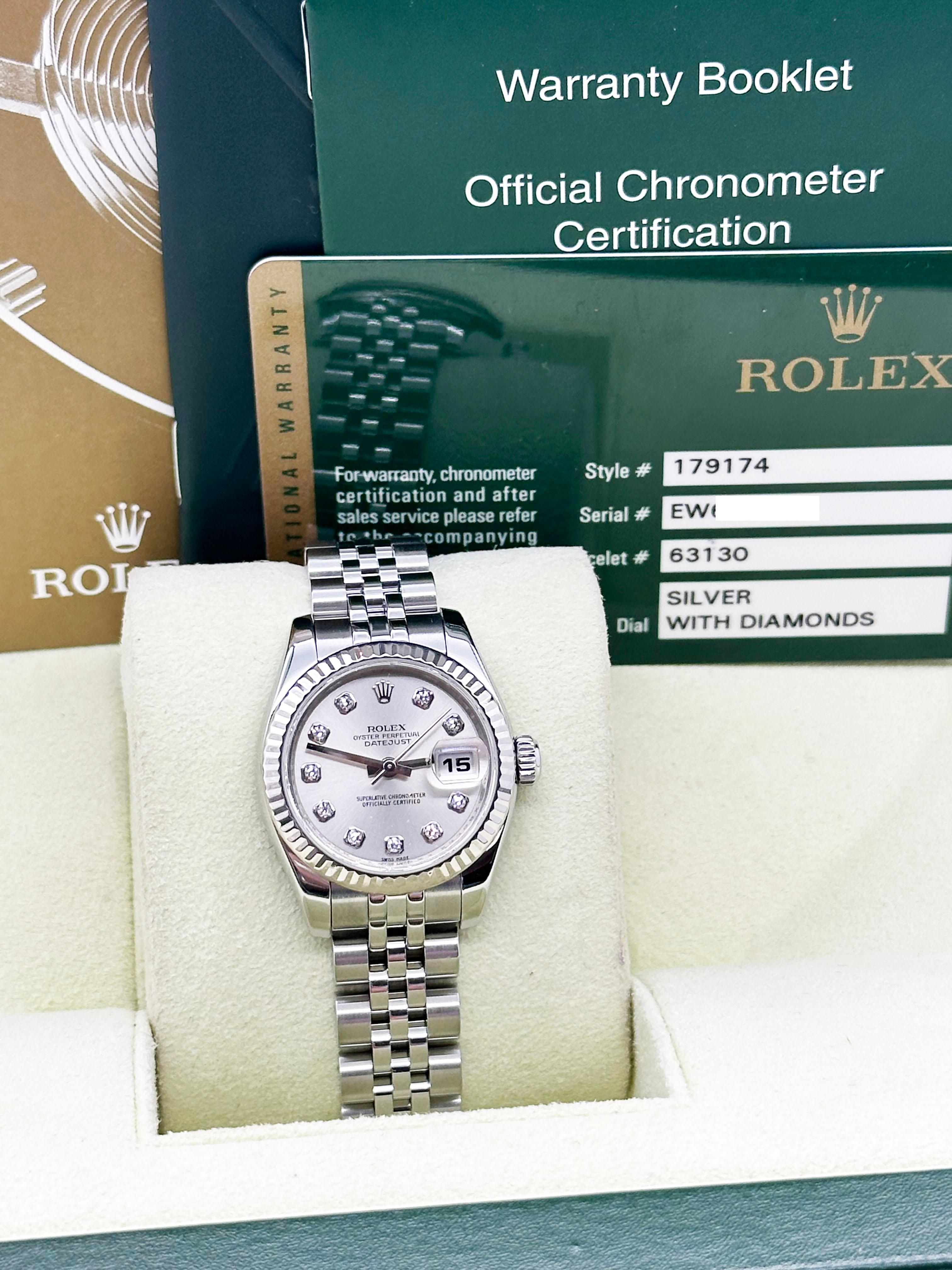 Rolex 179174 Ladies Datejust Silver Diamond Dial Steel 18K Gold Bezel Box Paper In Excellent Condition In San Diego, CA