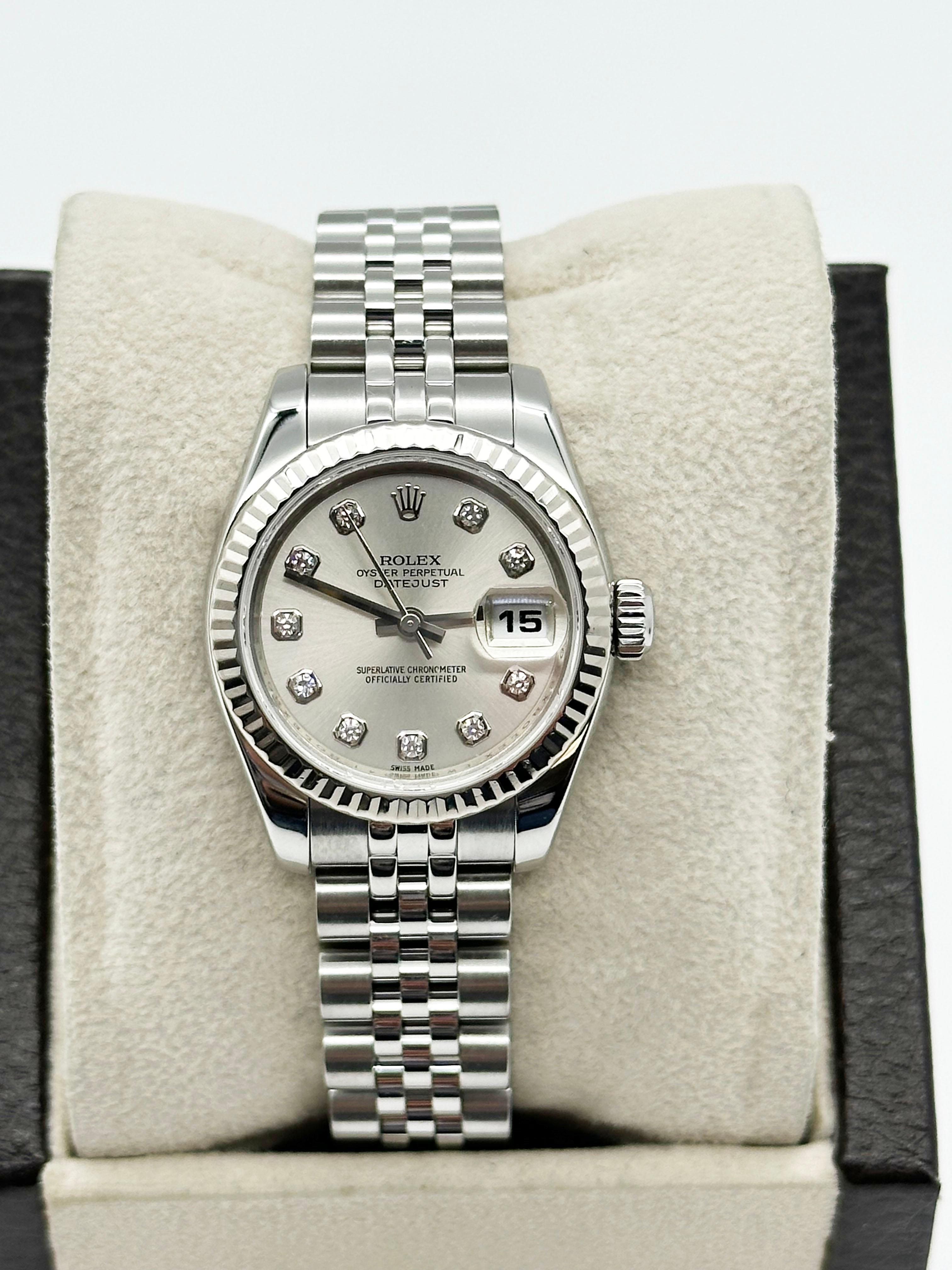 Rolex 179174 Ladies Datejust Silver Diamond Dial Steel 18K Gold Bezel Box Paper 1