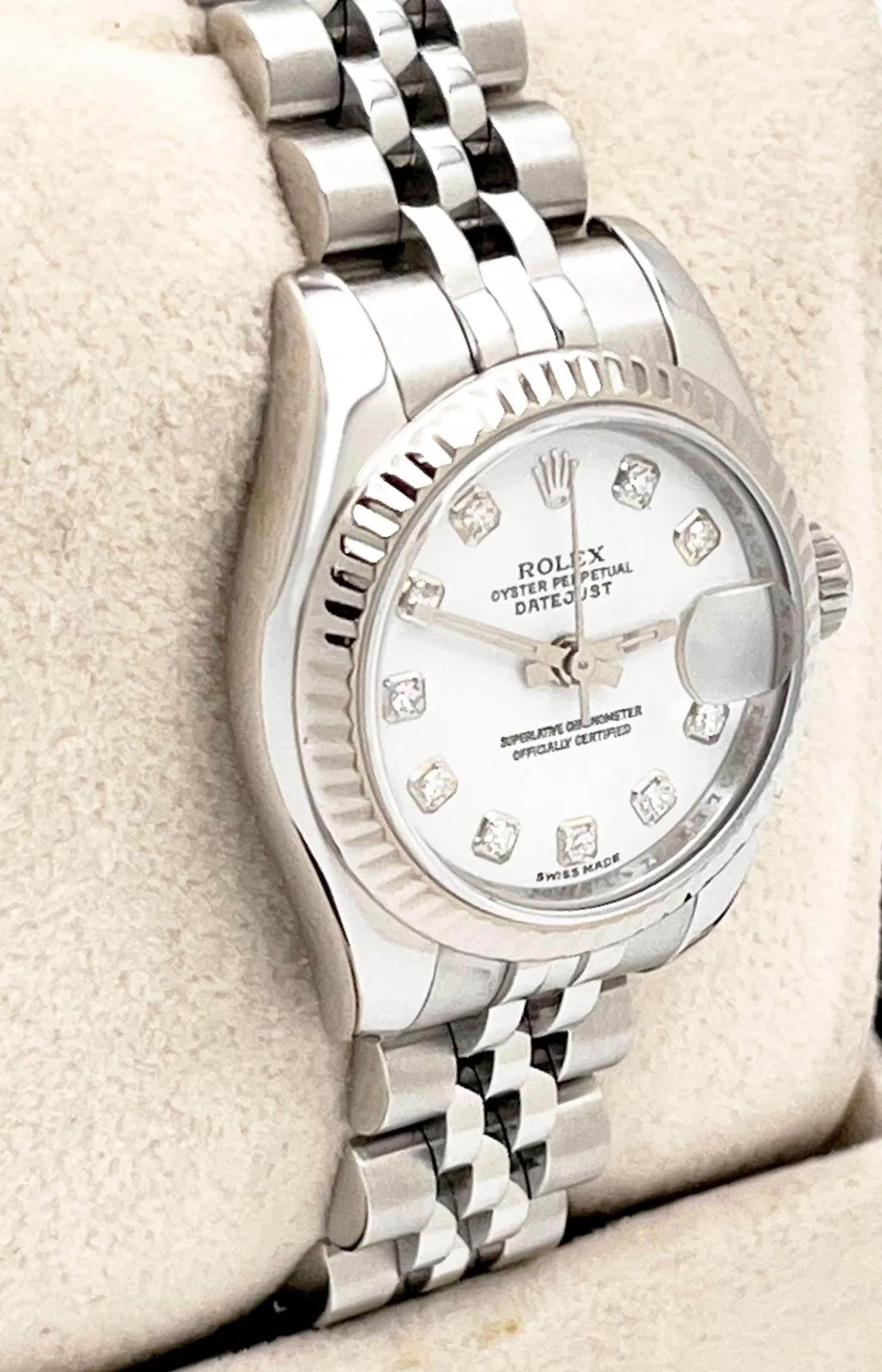 Rolex 179174 Ladies Datejust Esfera Diamante Blanco Acero y Oro Blanco 18K Caja Papel en Excelente Estado en San Diego, CA
