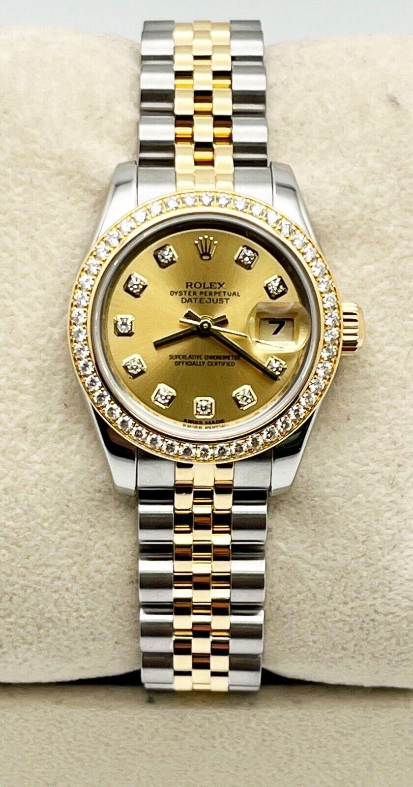 Style Number: 179383

Serial: G434***

Year: 2011
 
Model: Ladies Datejust 
 
Case Material: Stainless Steel 
 
Band: 18K Yellow Gold & Stainless Steel 
 
Bezel: Original Factory Diamond Bezel 
 
Dial: Original Factory Champagne Diamond Dial 
