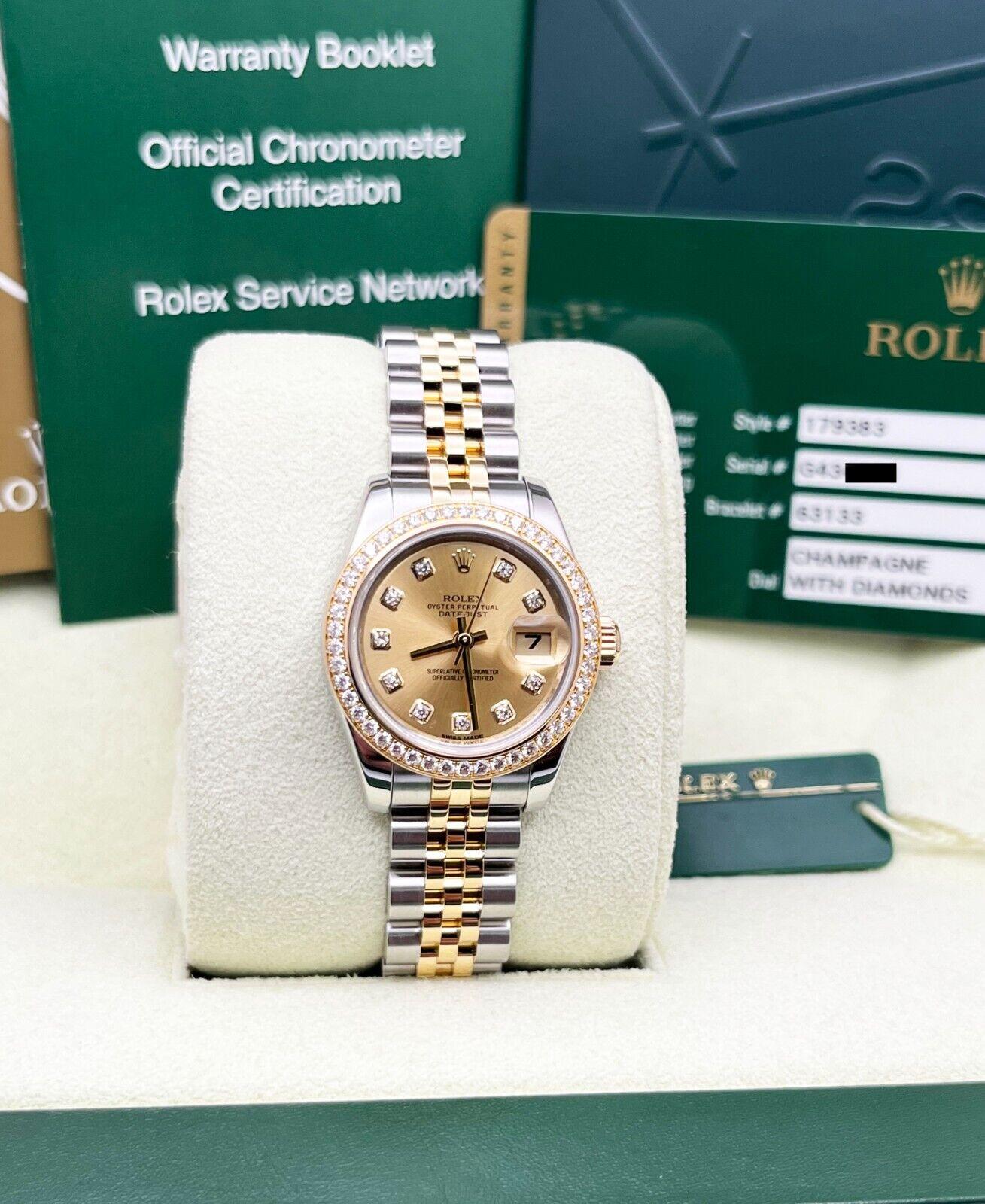 Rolex 179383 Ladies Datejust Diamond Dial Bezel 18K Yellow Gold Steel Box Paper For Sale 1