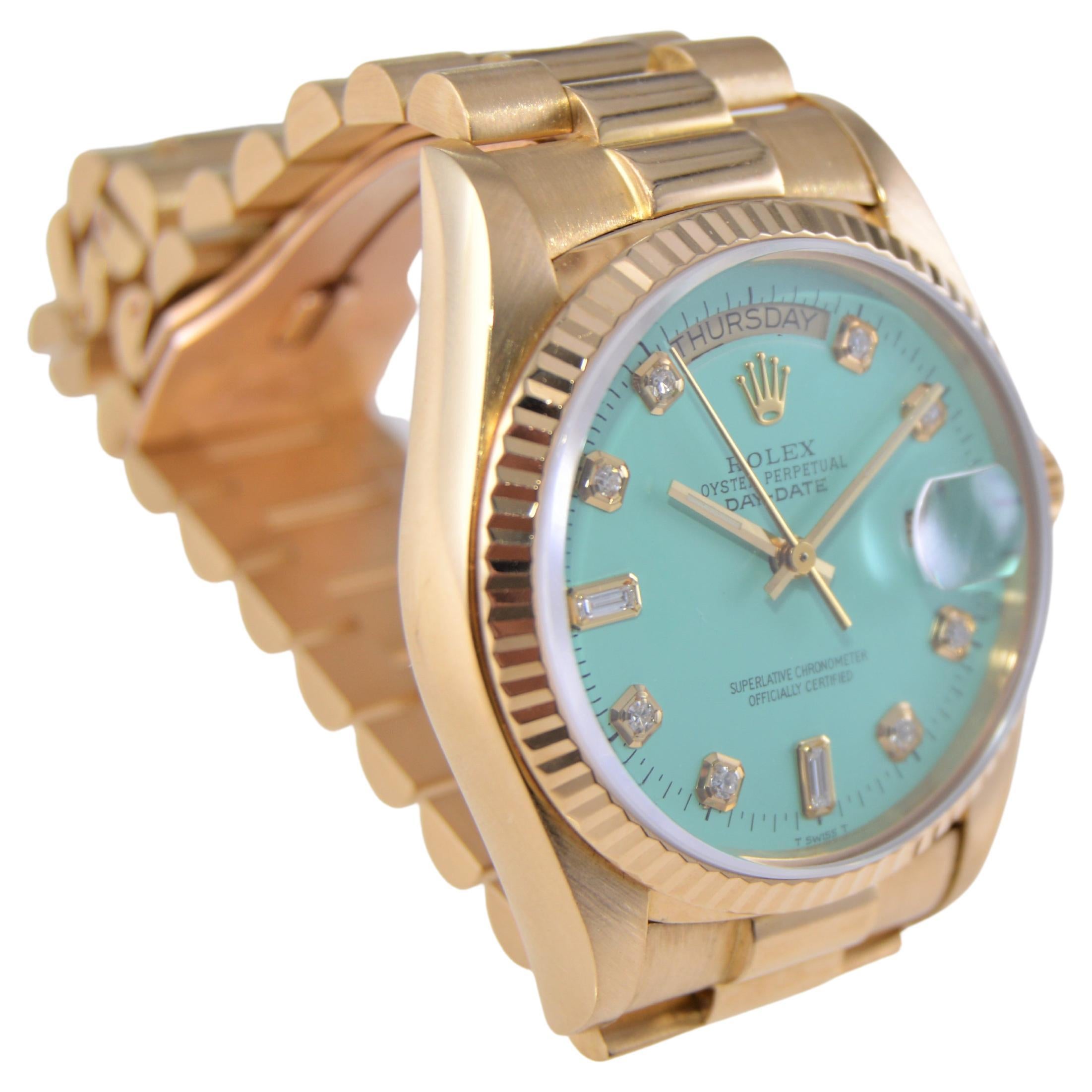 Rolex 18Kt. Gold President with Custom Tiffany Blue Diamond Marker Dial, 1980's In Excellent Condition In Long Beach, CA